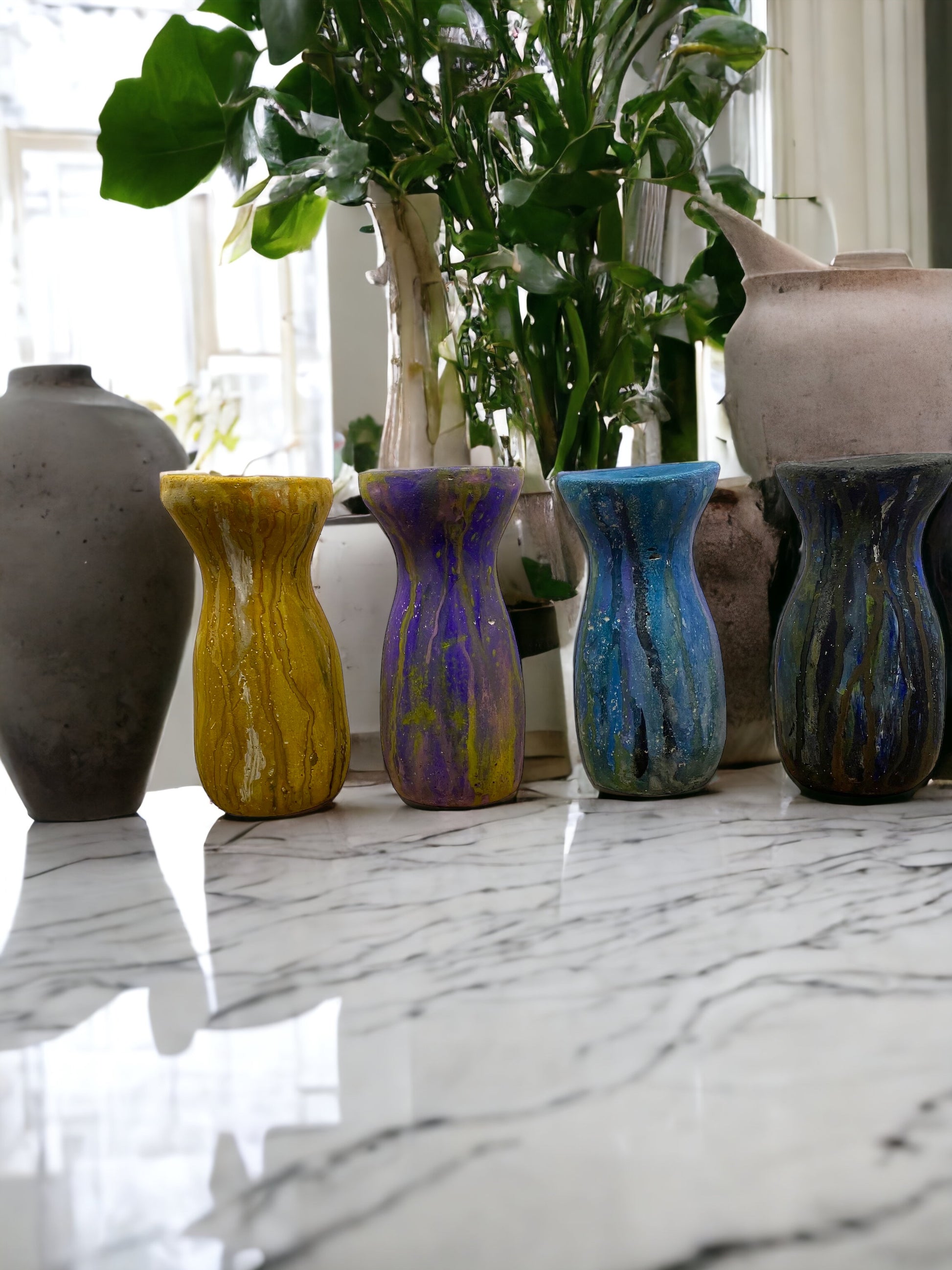 Sunsum, Watercolor Fluid Art, Silhoutte, Cement Vases