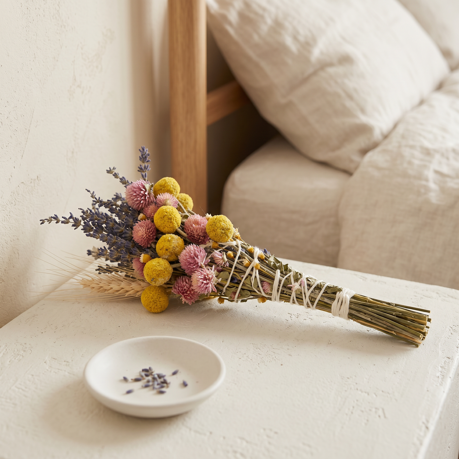 Lavender & Wheat Floral Wand Smudge Stick 6" | Bedside Calm Ritual Lifestyle | Sunsum®