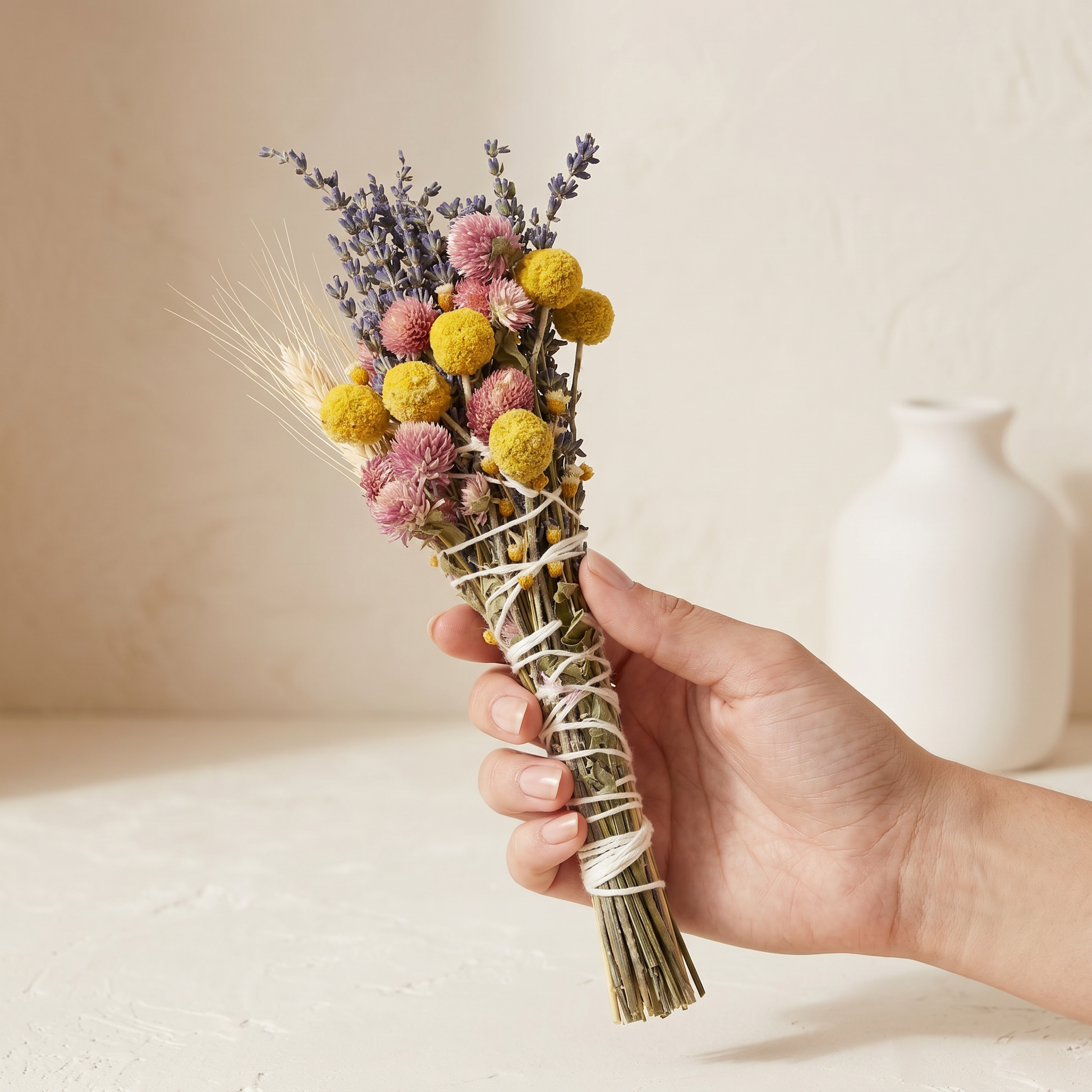 Lavender & Wheat Floral Wand Smudge Stick 6" | Hand Holding Floral Wand | Sunsum®