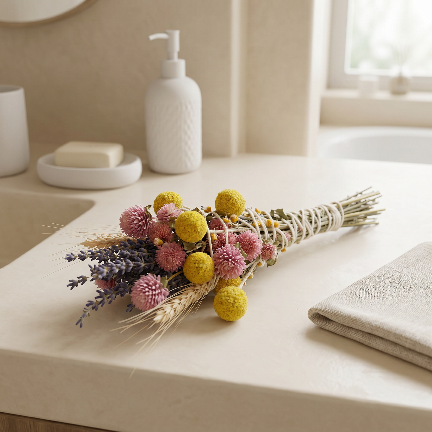 Lavender & Wheat Floral Wand Smudge Stick 6" | Spa Bathroom Lifestyle | Sunsum®