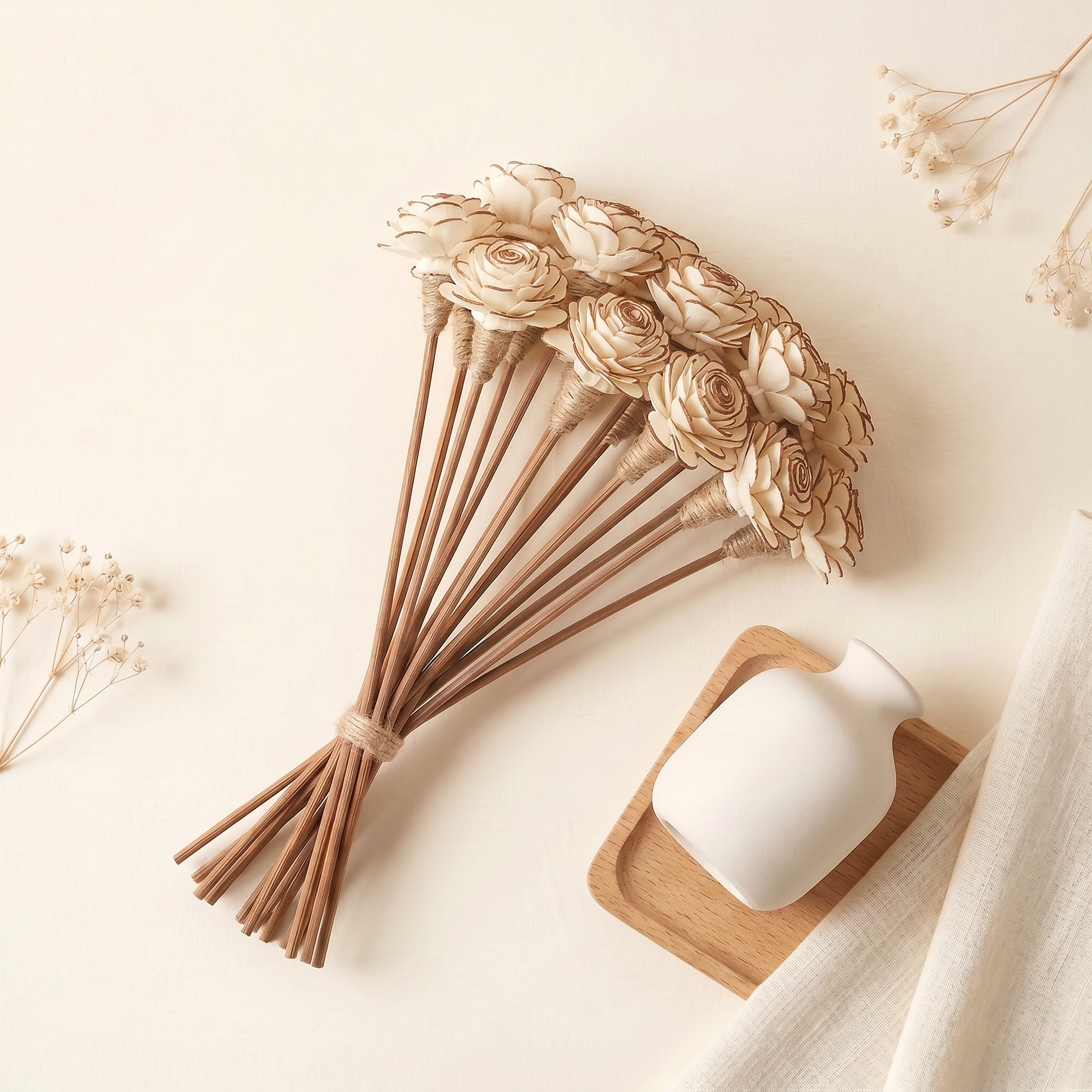 Sola Wood Flower Reed Diffuser Sticks 9" 12pk | Almond Brown Display | Sunsum®