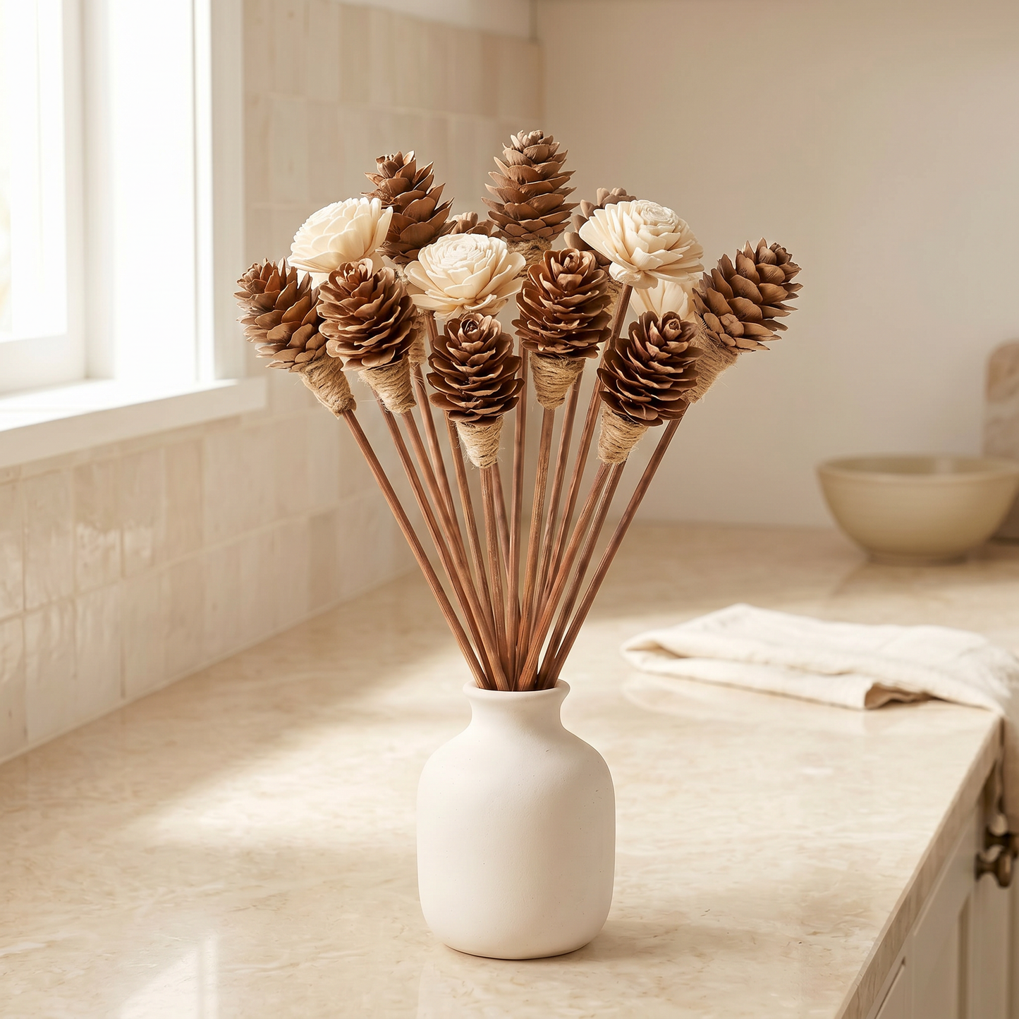 Sola Wood Flower Reed Diffuser Sticks 9" 12pk | Mixed with Pinecones | Sunsum®