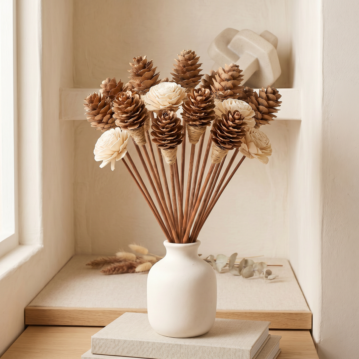 Sola Wood Flower Reed Diffuser Sticks 9" 12pk | Mixed with Pinecones Detail | Sunsum®