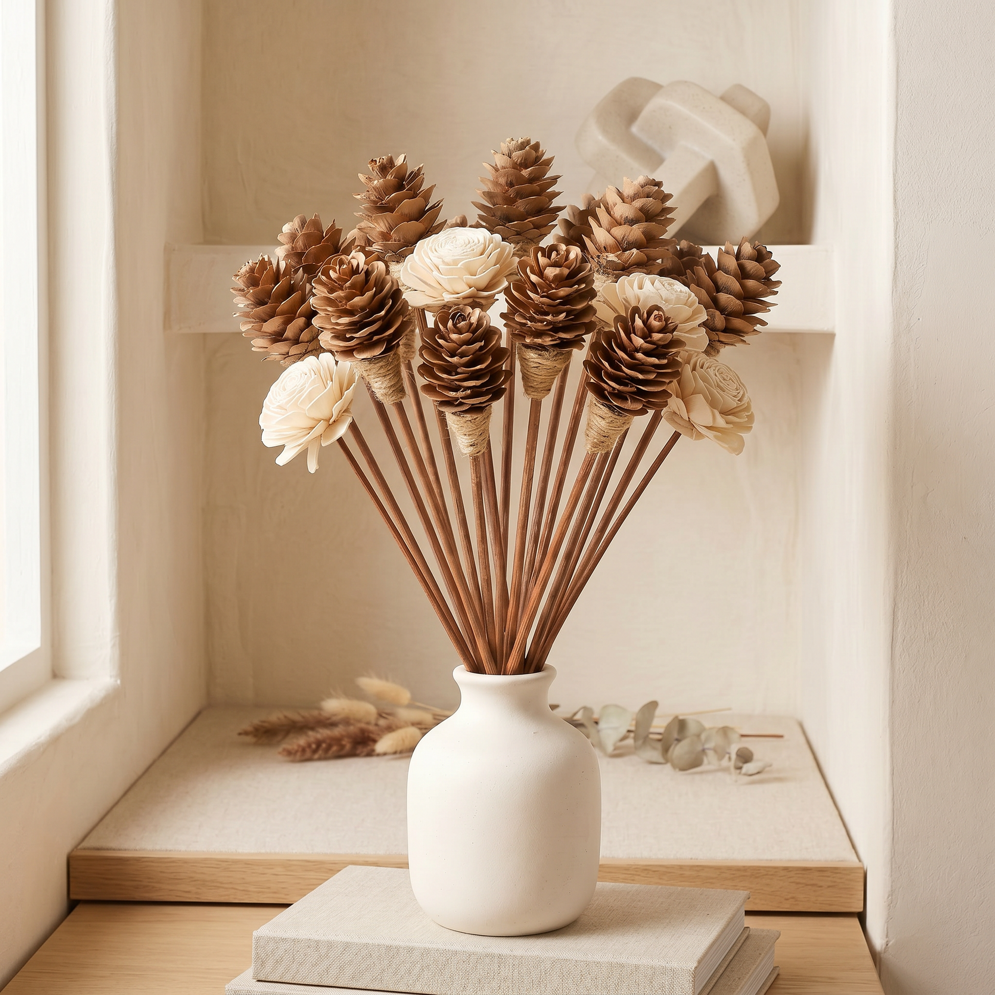 Sola Wood Flower Reed Diffuser Sticks 9" 12pk | Mixed with Pinecones Detail | Sunsum®