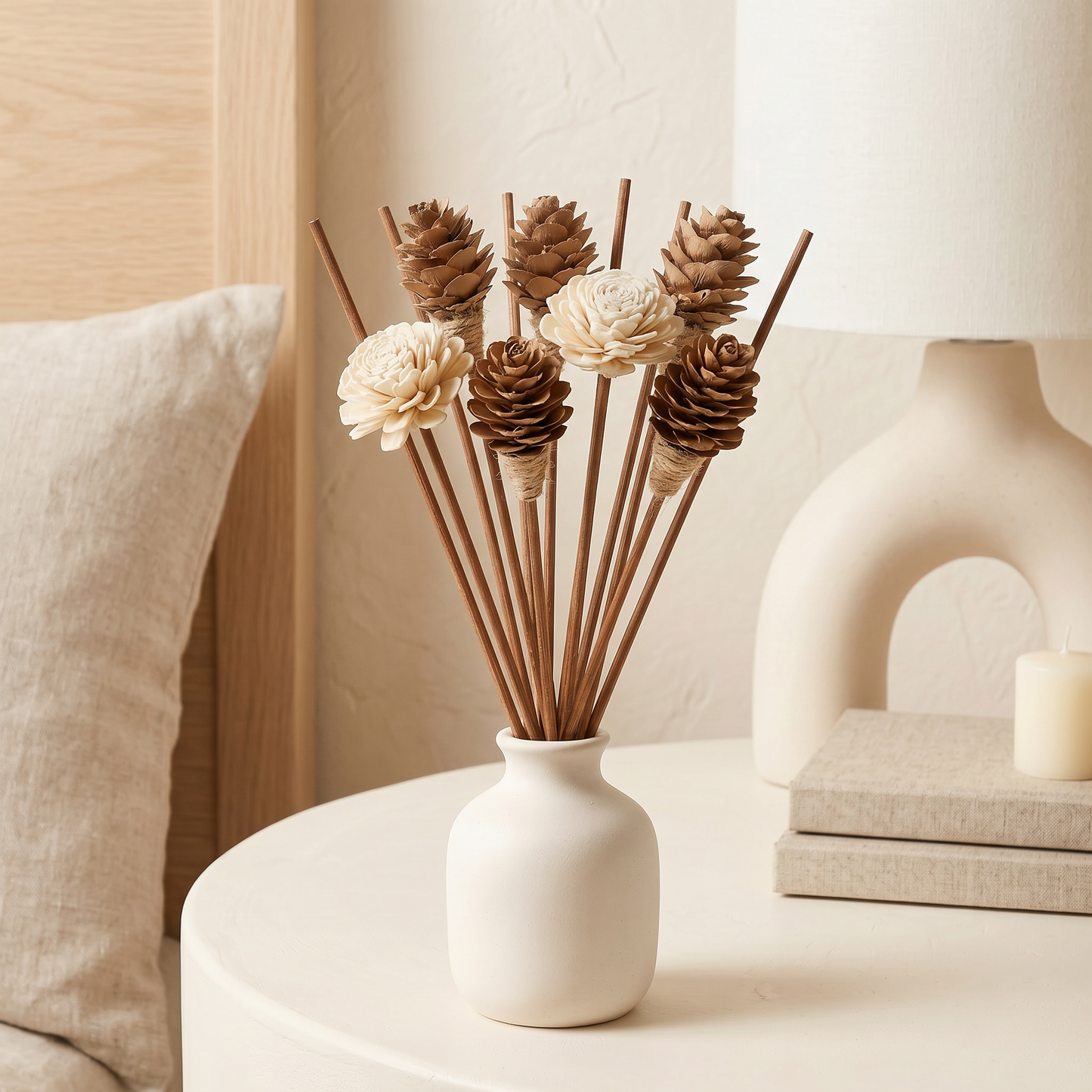 Sola Wood Flower Reed Diffuser Sticks 9" 12pk | Mixed with Pinecones Arrangement | Sunsum®