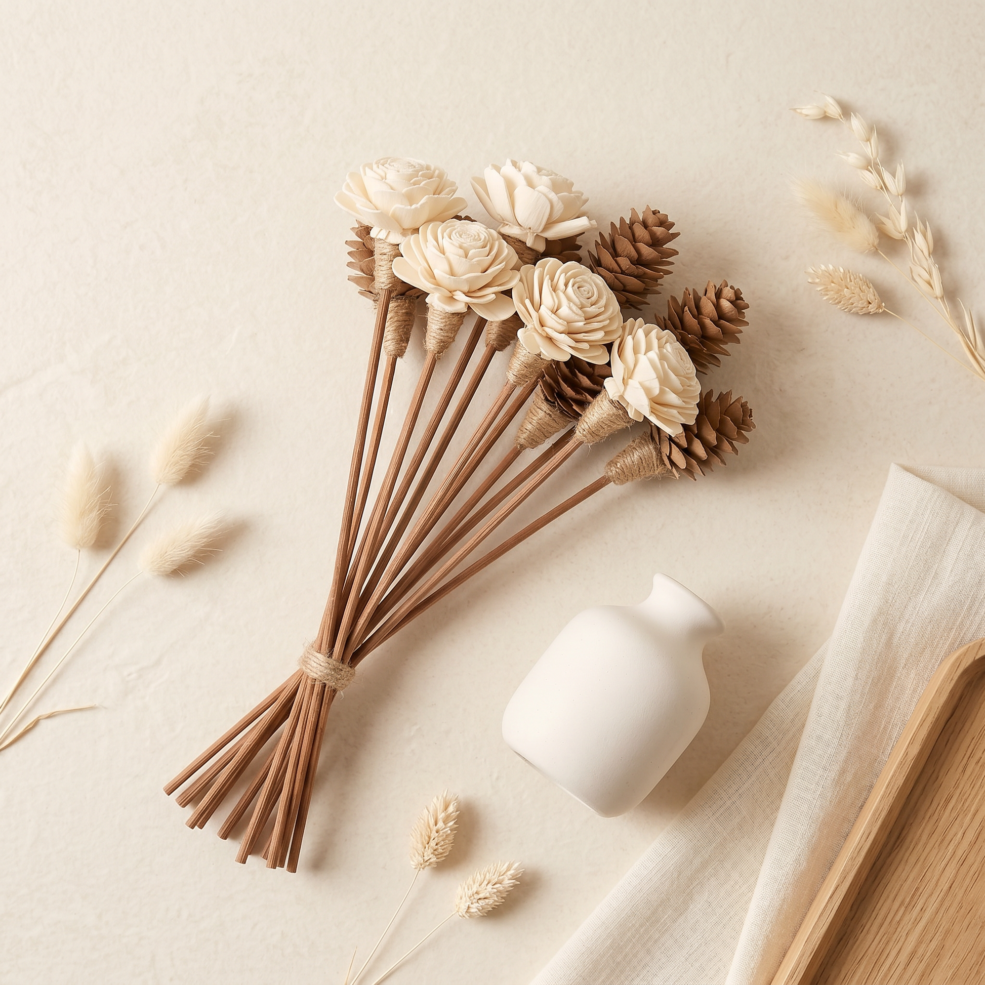 Sola Wood Flower Reed Diffuser Sticks 9" 12pk | Mixed with Pinecones Display | Sunsum®