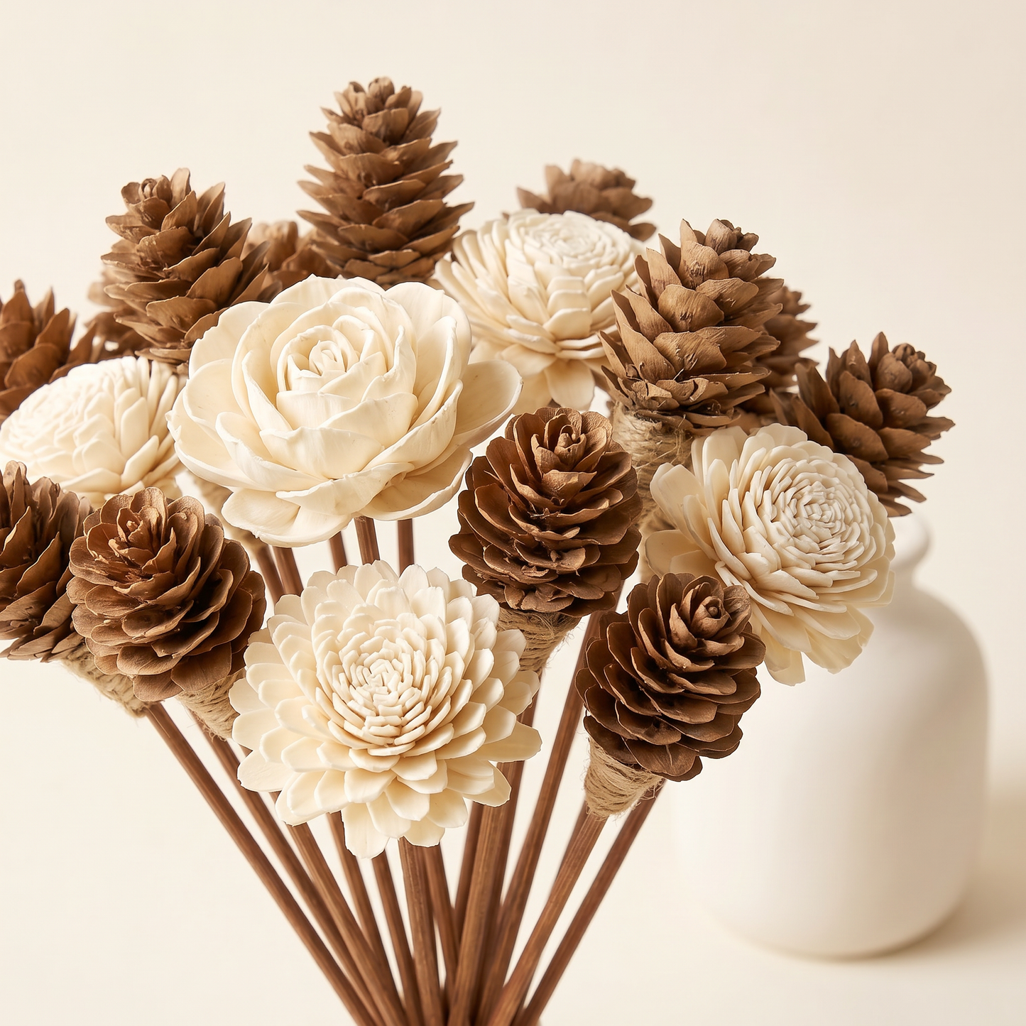 Sola Wood Flower Reed Diffuser Sticks 9" 12pk | Mixed with Pinecones Lifestyle | Sunsum®