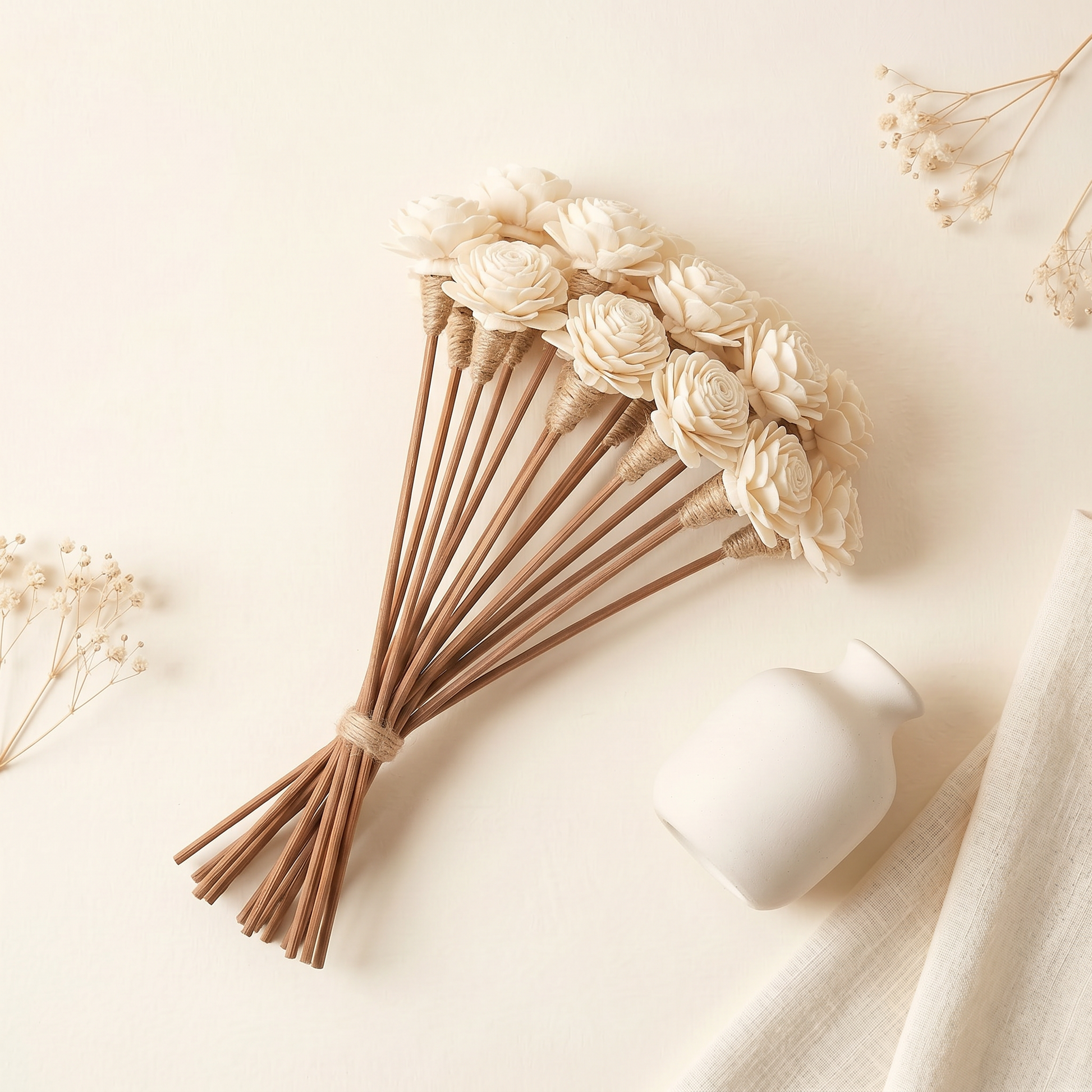 Sola Wood Flower Reed Diffuser Sticks 9" 12pk | Natural White Display | Sunsum®