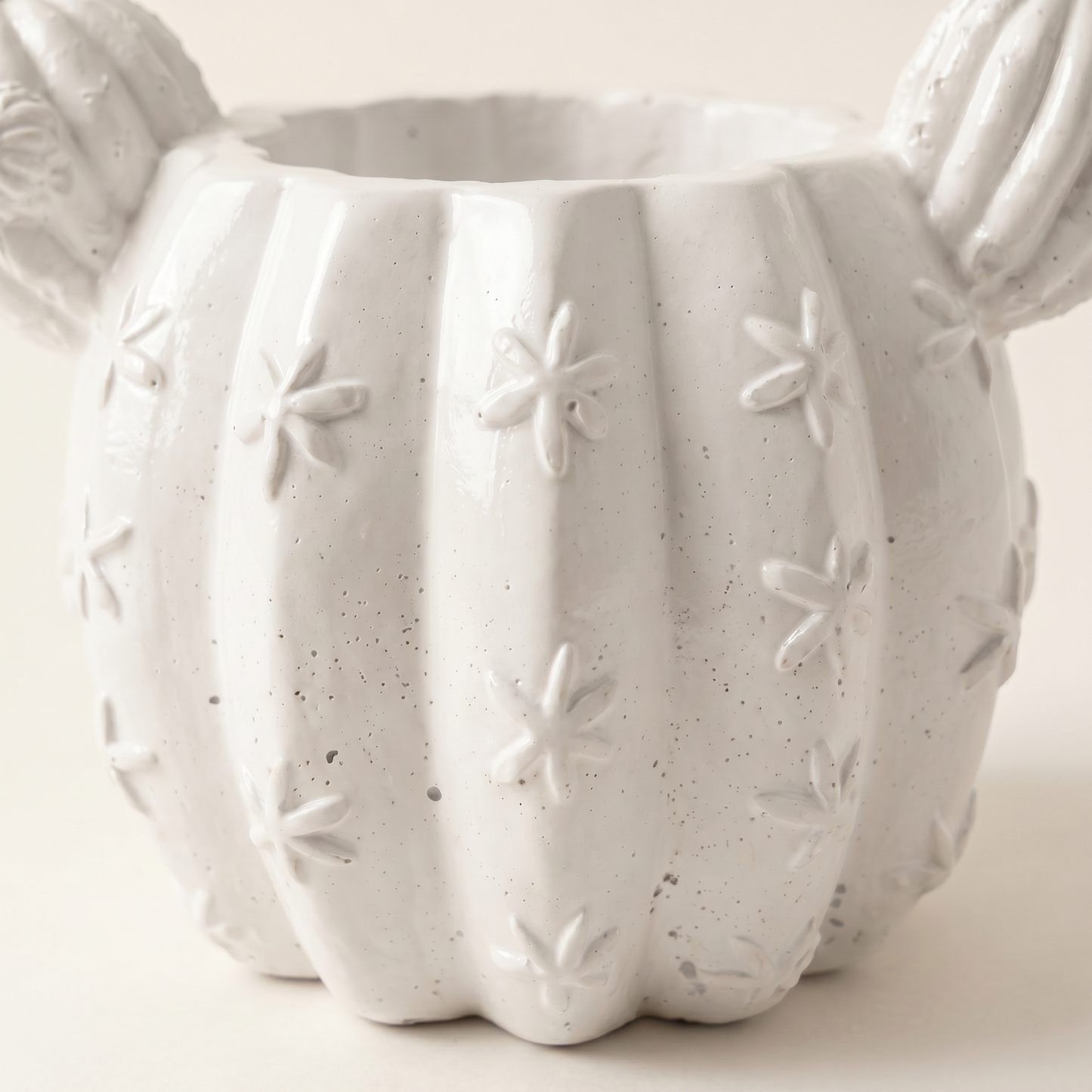 Barrel Cactus Planter grouped with Sunsum gypsum pottery collection on display shelf
