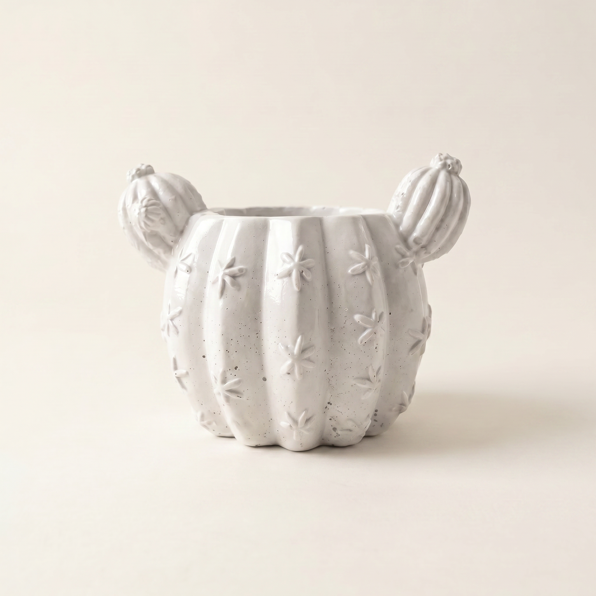 Barrel Cactus Planter gypsum white on shelf in botanical home decor arrangement | Sunsum