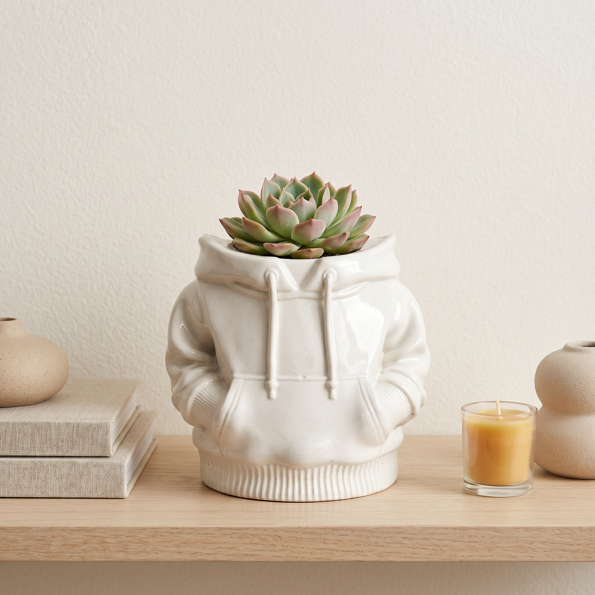 Hoodie Planter handmade gypsum white 4 inch novelty succulent pot — front view showing pocket detail | Sunsum
