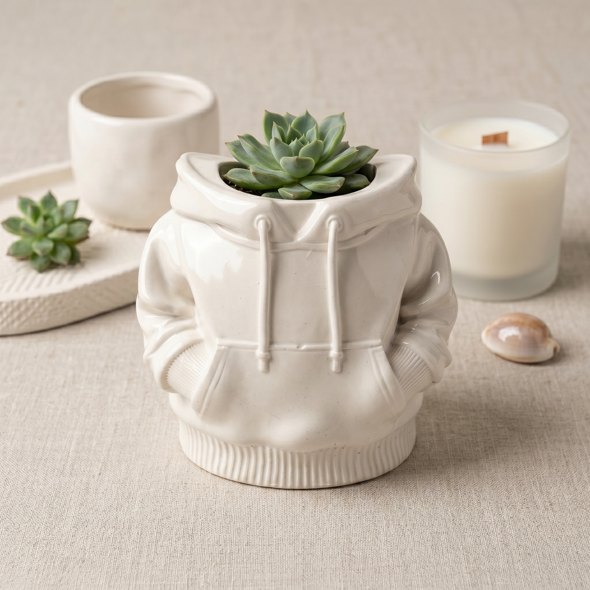 Hoodie Planter gypsum white — angled side view of sweatshirt form | Sunsum