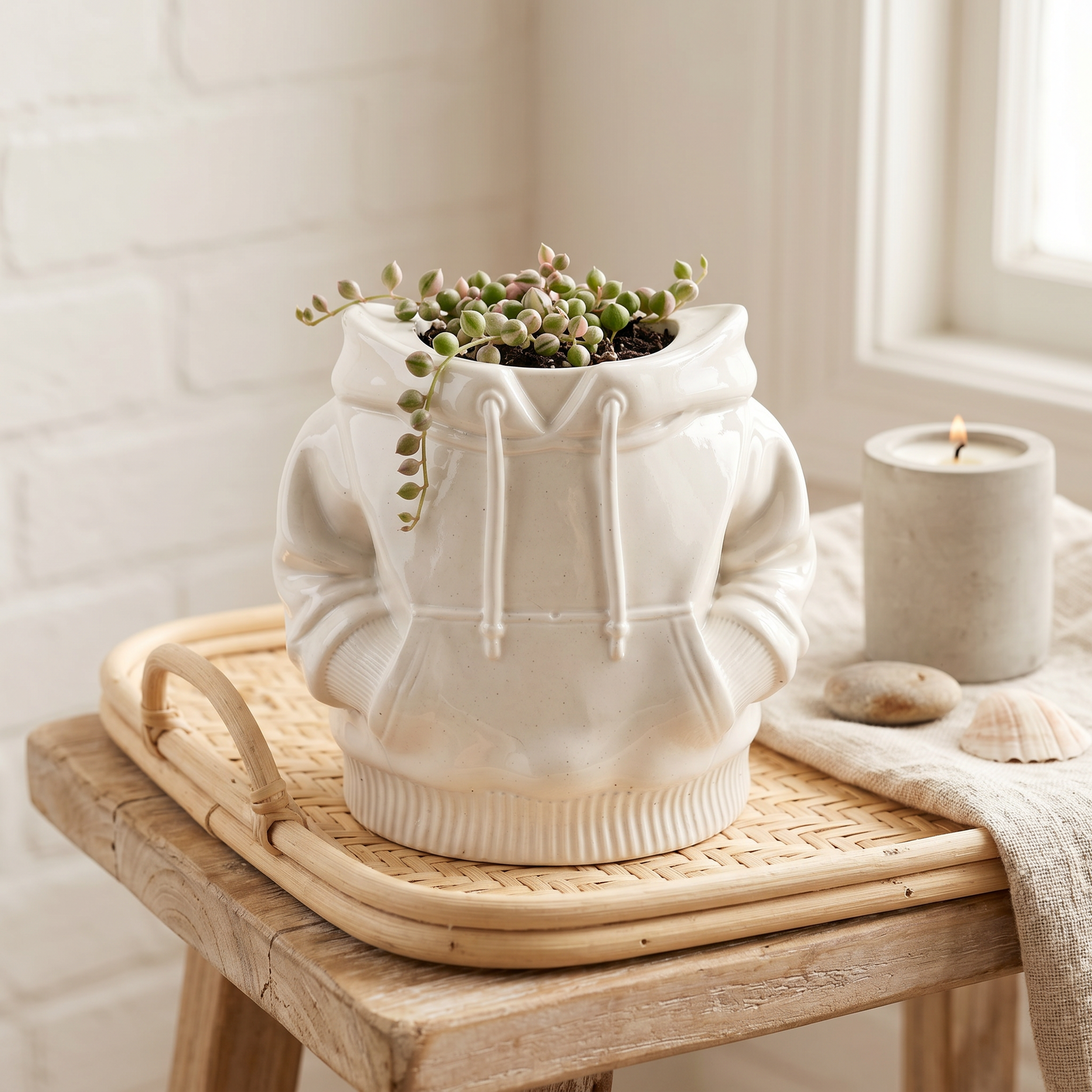 Hoodie Planter gypsum white with succulent planted inside on white surface | Sunsum
