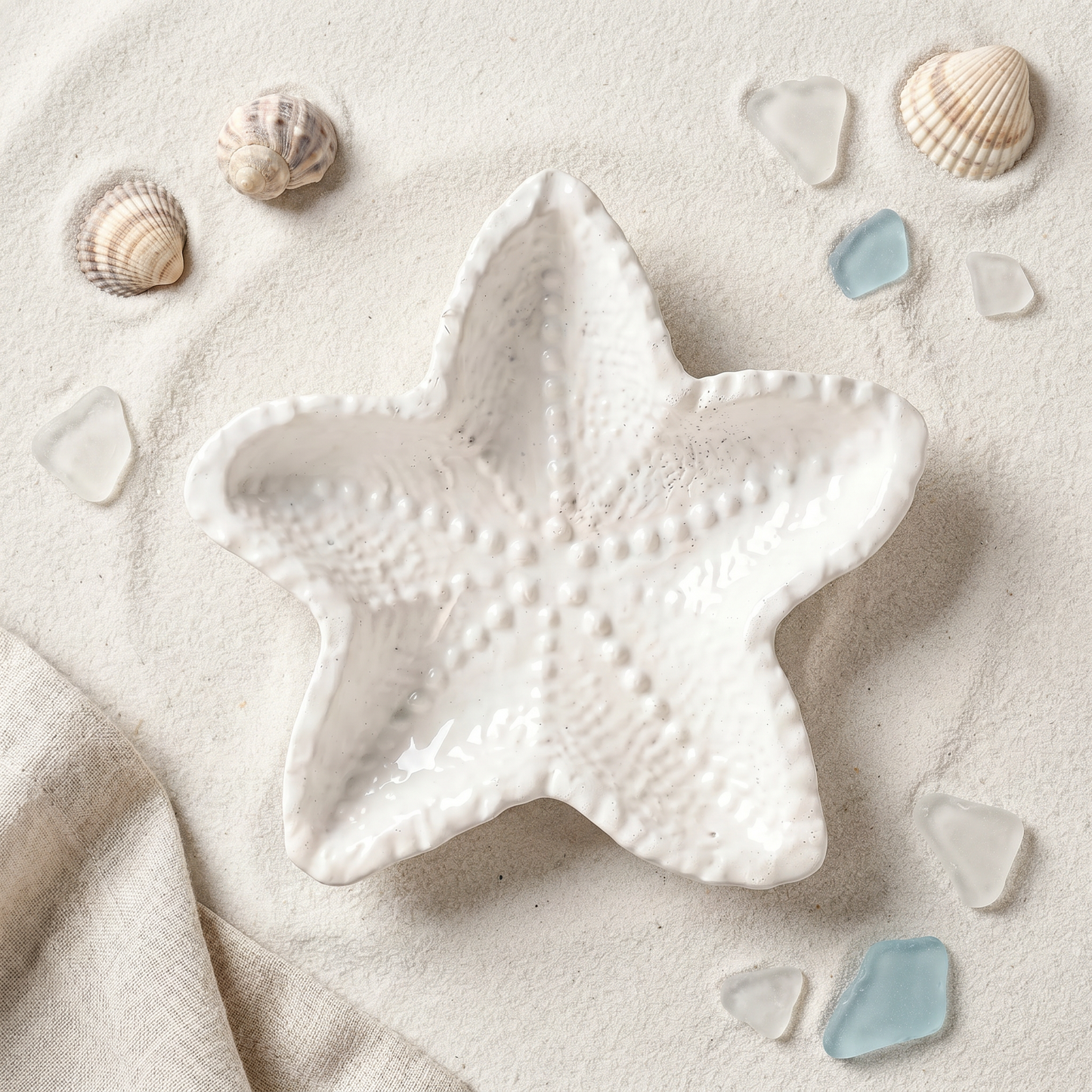 Starfish Tray gypsum white styled with coastal shells and sea glass decor | Sunsum