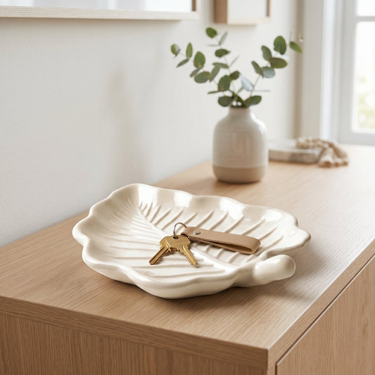 Elm Leaf Decorative Tray handmade gypsum white 6 inch botanical catchall — front view | Sunsum
