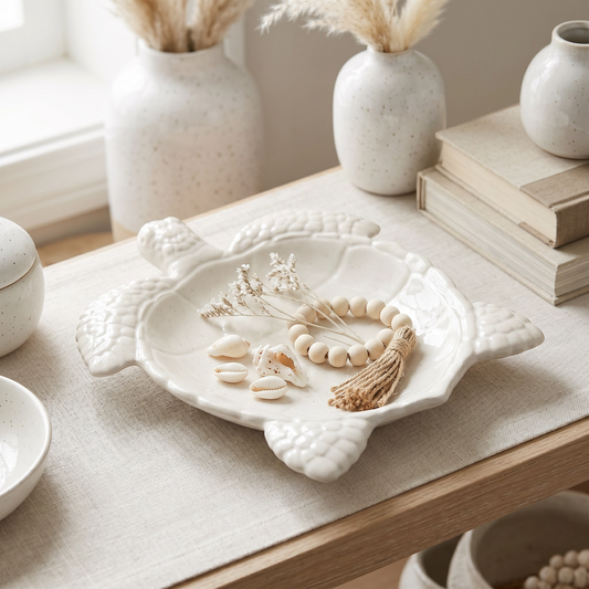 Sea Turtle Decorative Tray gypsum white 9 inch — coastal styling with shells and potpourri | Sunsum