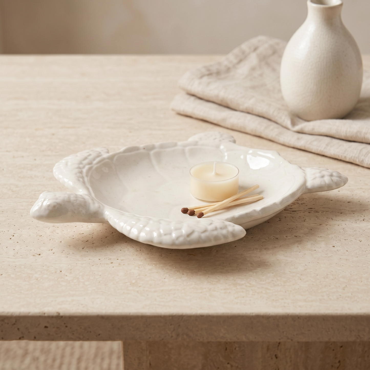 Sea Turtle Tray gypsum white — coffee table catchall with candle and matches | Sunsum