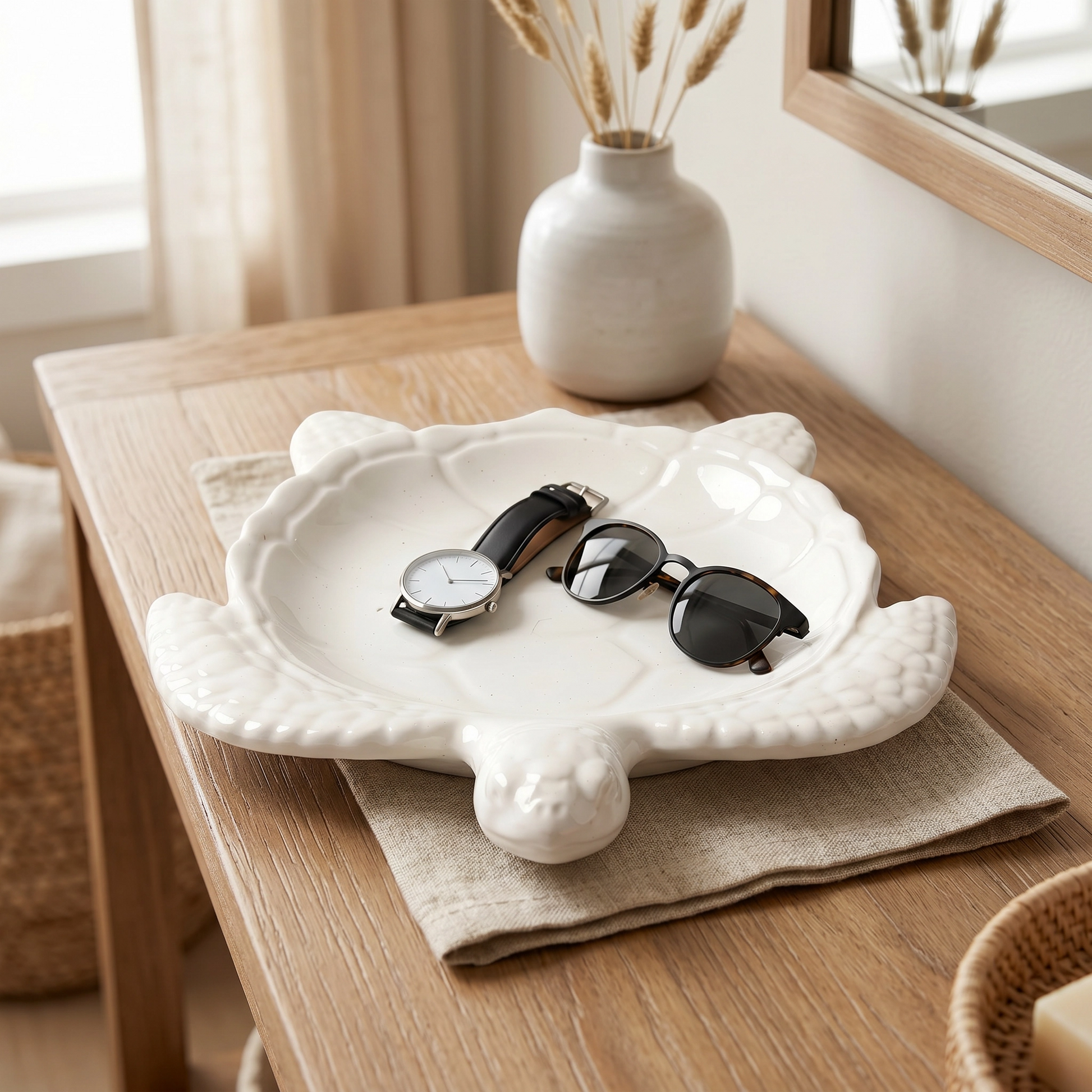 Sea Turtle Tray gypsum white — entry console display with sunglasses and watch | Sunsum