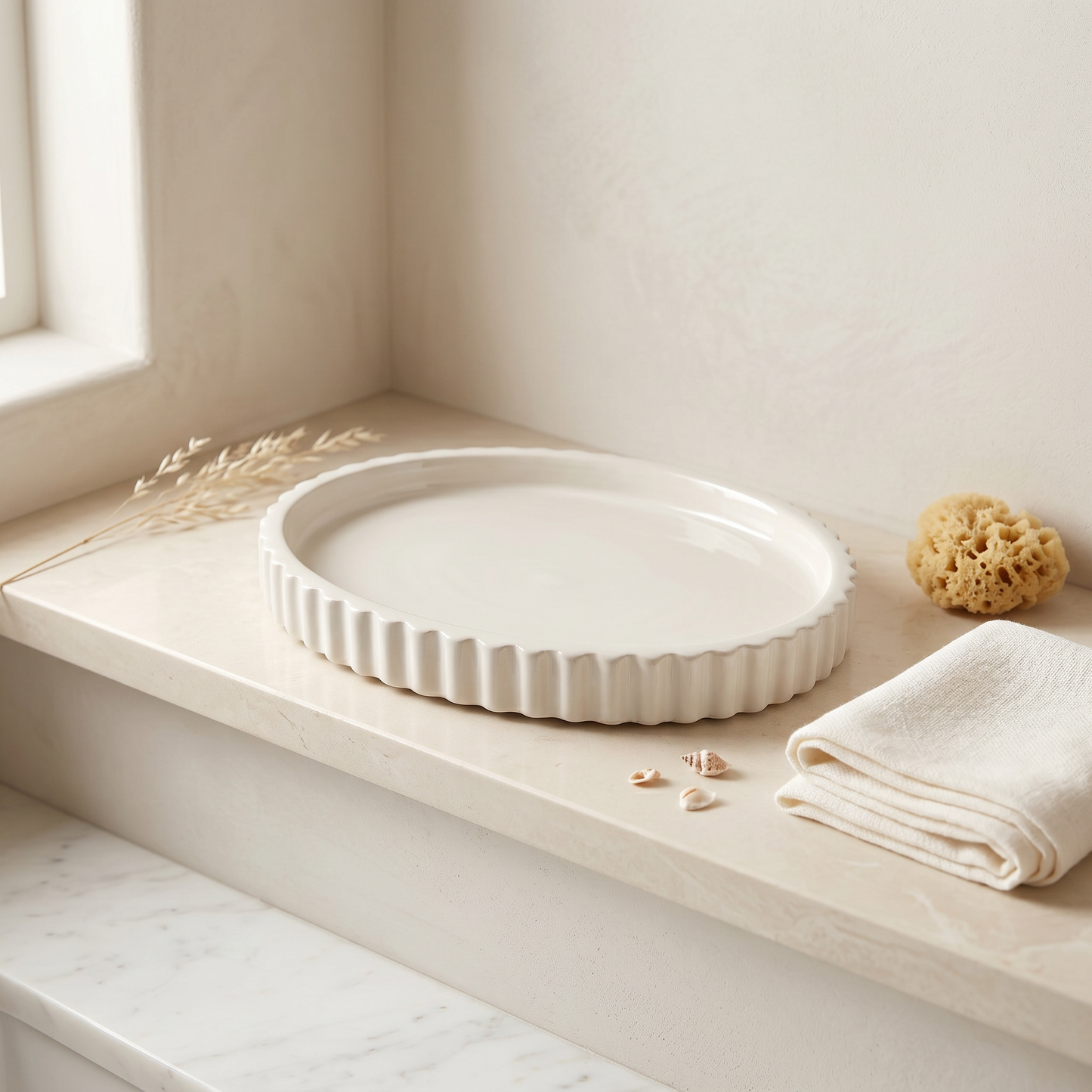 Scalloped Oval Tray | Decorative Trays | SUNSUM-X450 | bathroom shelf with coastal decor | Sunsum®