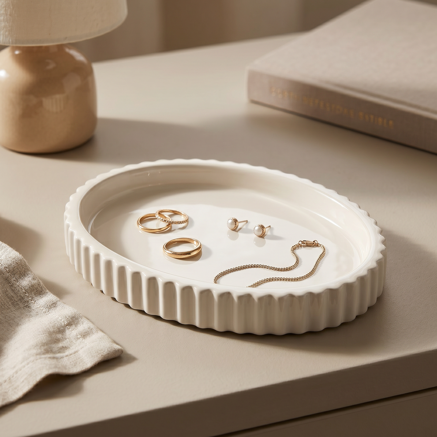 Scalloped Oval Tray | Decorative Trays | SUNSUM-X450 | bedside jewelry dish with rings and earrings | Sunsum®