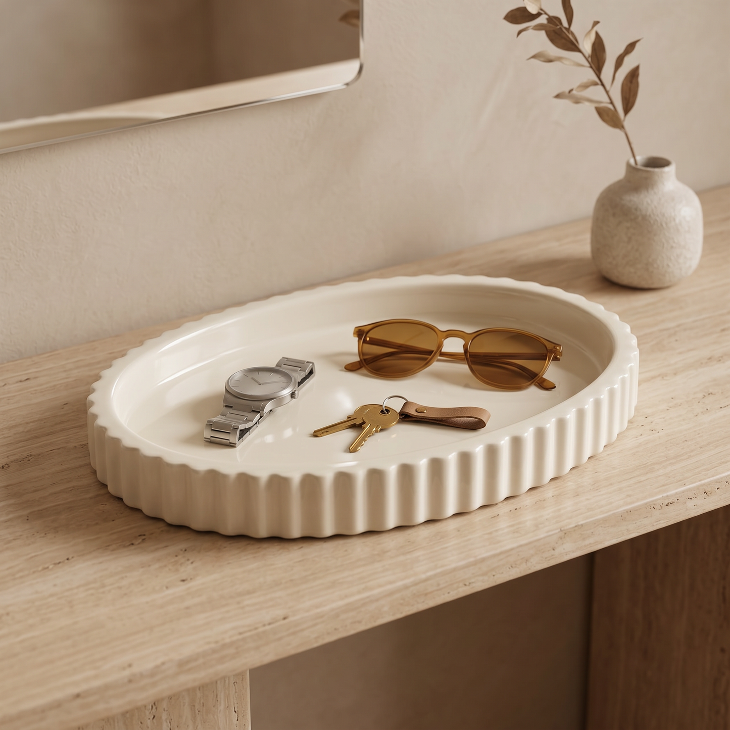 Scalloped Oval Tray | Decorative Trays | SUNSUM-X450 | entry console with sunglasses and watch | Sunsum®