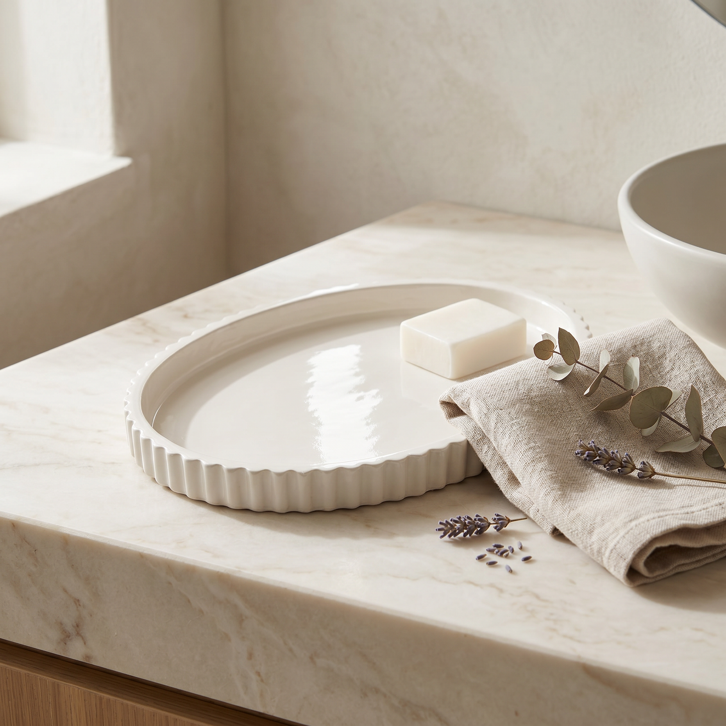 Scalloped Oval Tray | Decorative Trays | SUNSUM-X450 | lifestyle vanity with soap and botanicals | Sunsum®
