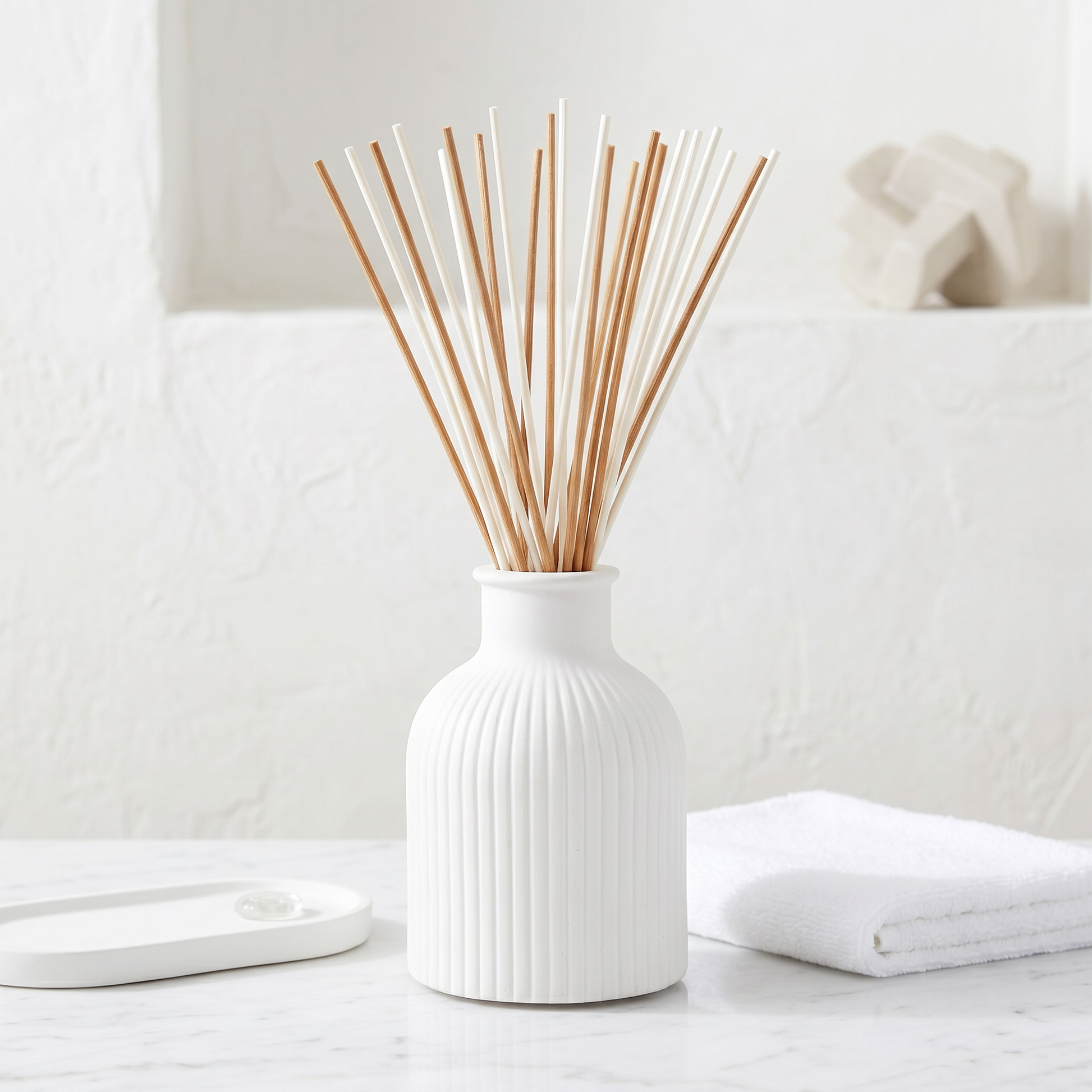 Ribbed Bottle Vase | Natural White & Brown Reed Bundle | Sunsum®