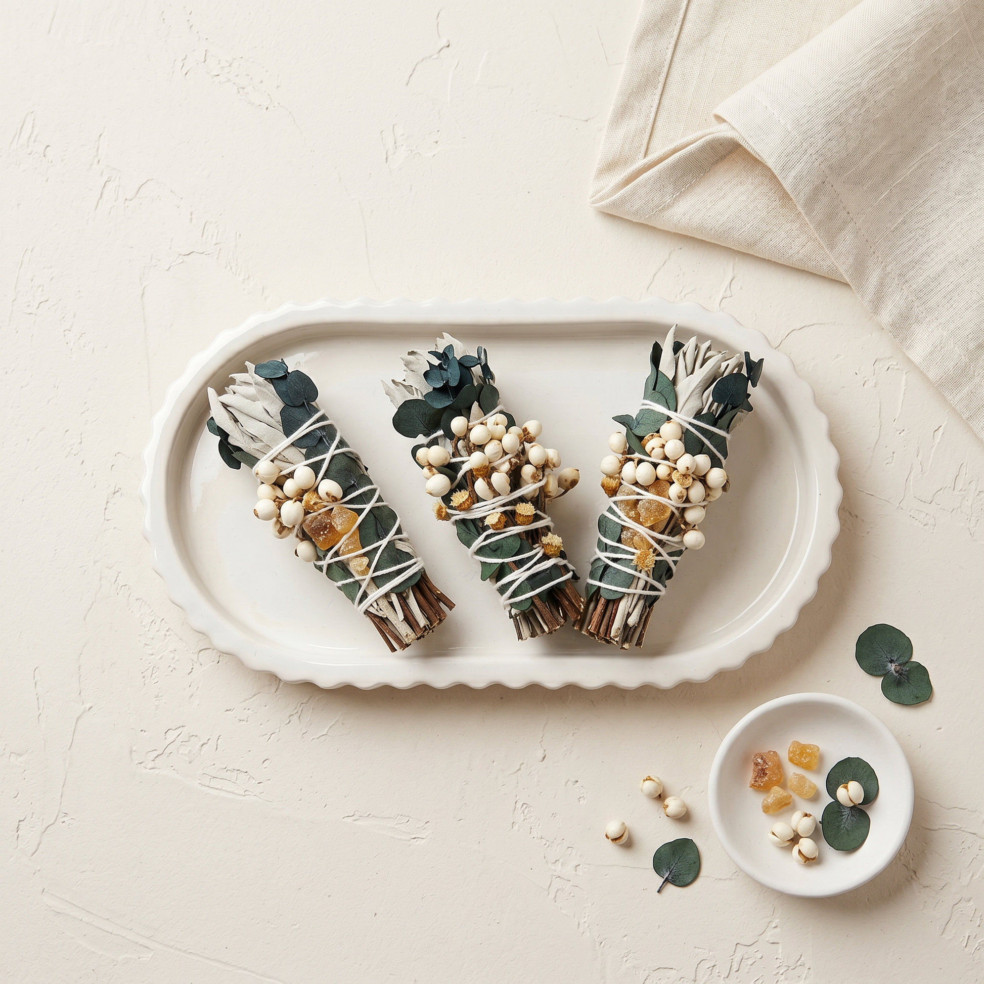 White Sage & Copal Smudge Stick | Eucalyptus & Tallow Berries | Flat Lay Gypsum Collection | Sunsum®