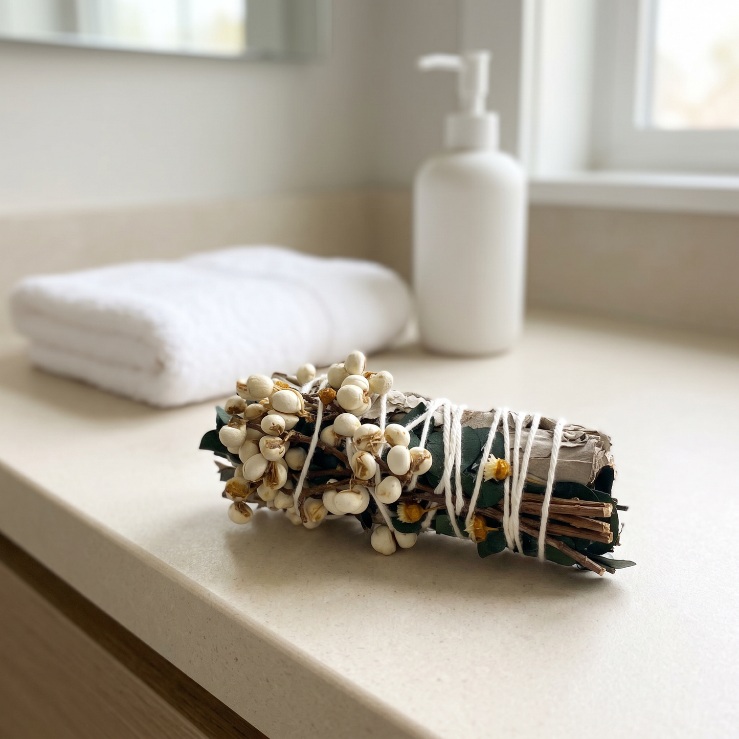White Sage & Copal Smudge Stick | Eucalyptus & Tallow Berries | Spa Bathroom Lifestyle | Sunsum®