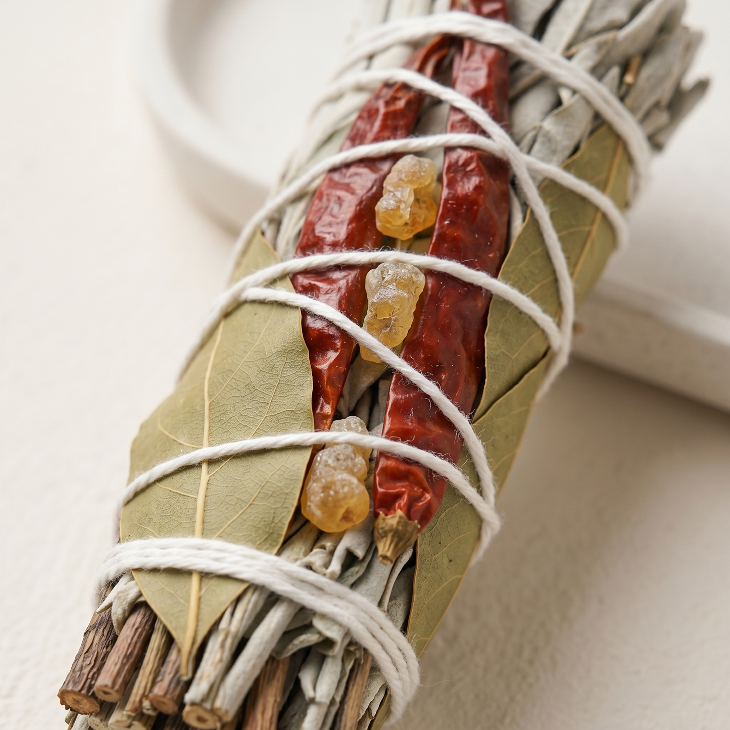 White Sage & Copal Smudge Stick | Red Chili & Bay Leaves | Red Chili & Copal Detail | Sunsum®