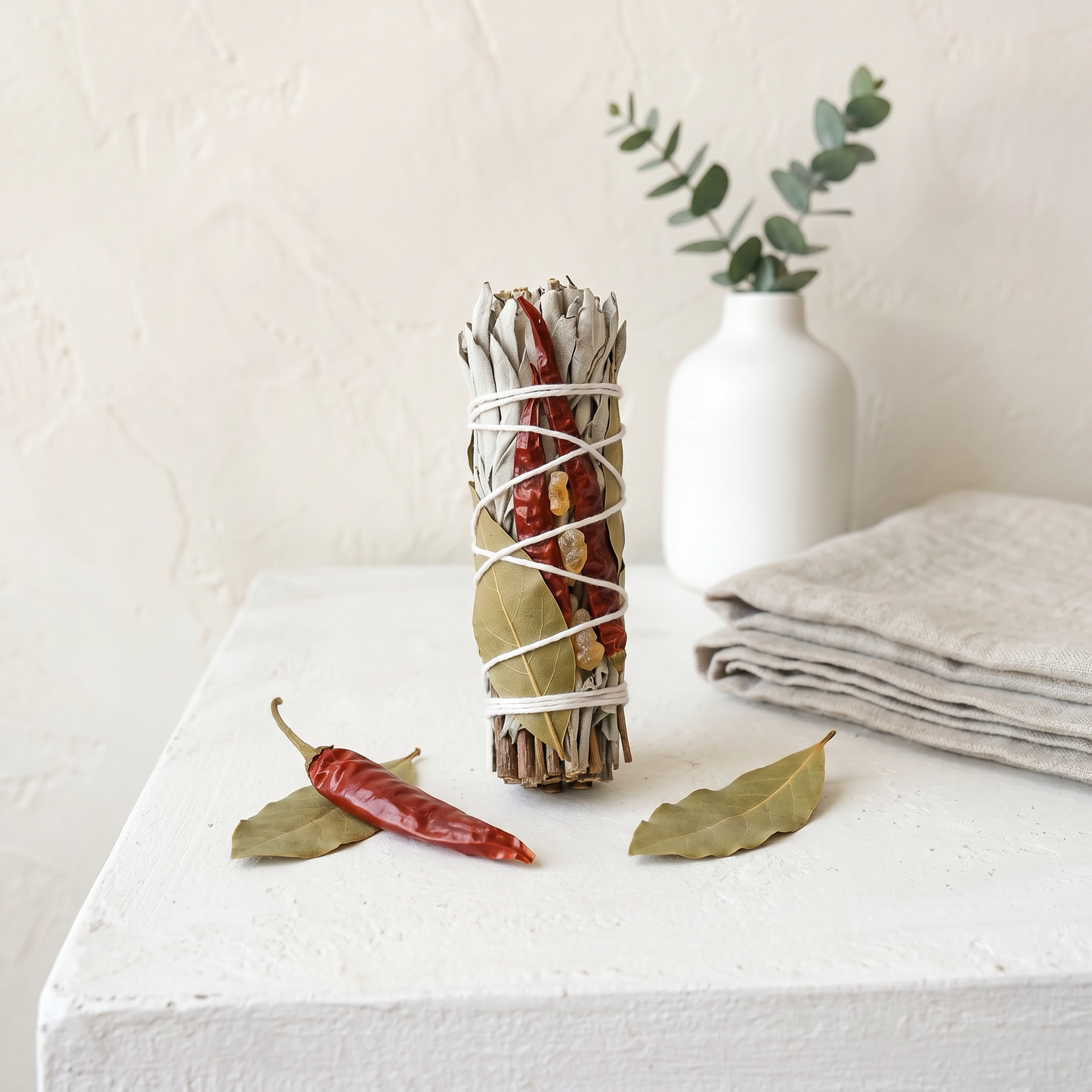 White Sage & Copal Smudge Stick | Red Chili & Bay Leaves | Entry Console Wellness Lifestyle | Sunsum®