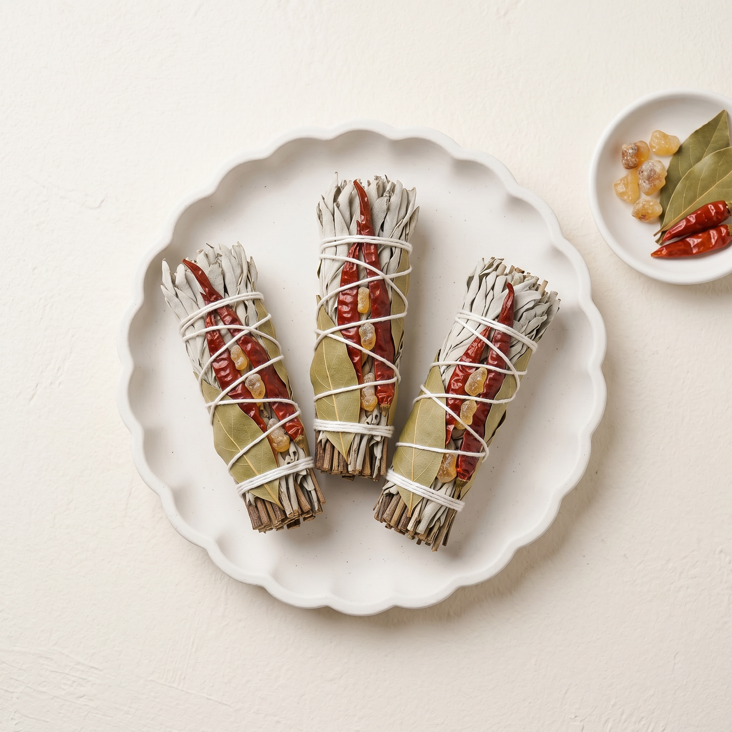 White Sage & Copal Smudge Stick | Red Chili & Bay Leaves | Flat Lay Gypsum Collection | Sunsum®