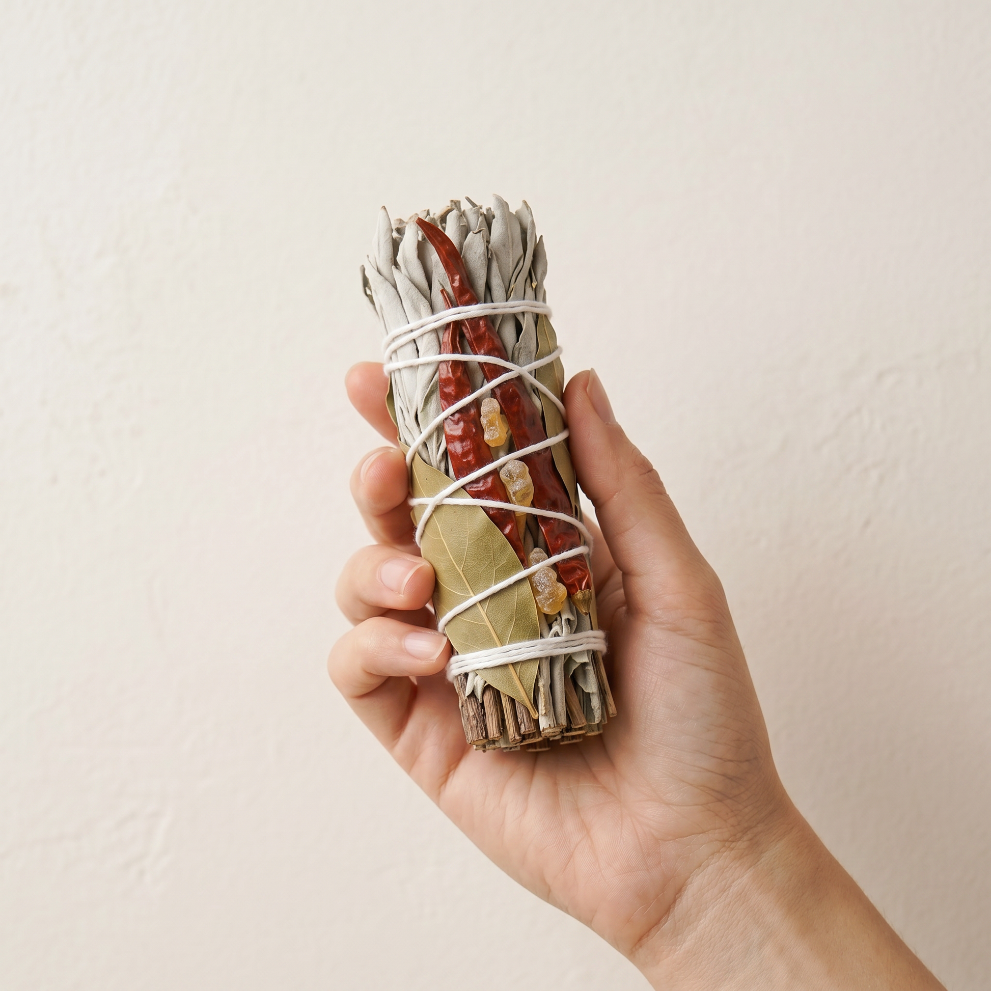 White Sage & Copal Smudge Stick | Red Chili & Bay Leaves | Hand Holding Smudge Stick | Sunsum®
