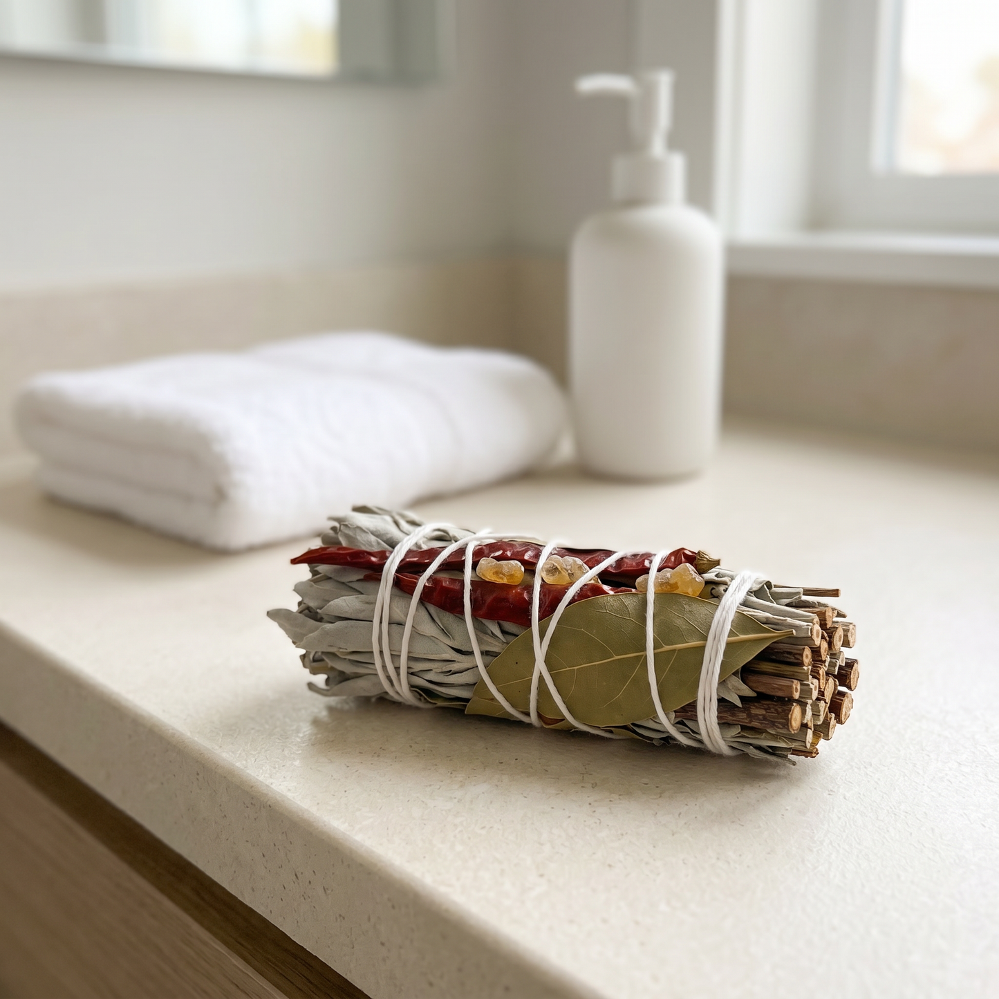 White Sage & Copal Smudge Stick | Red Chili & Bay Leaves | Spa Bathroom Lifestyle | Sunsum®