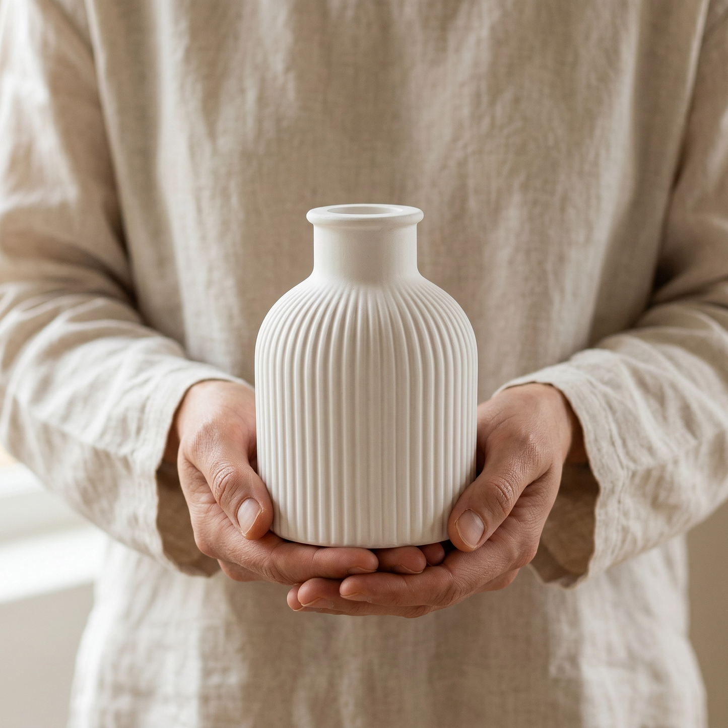 Hand-scale reference photo of the Sunsum® Ribbed Bottle Vase showing its compact size