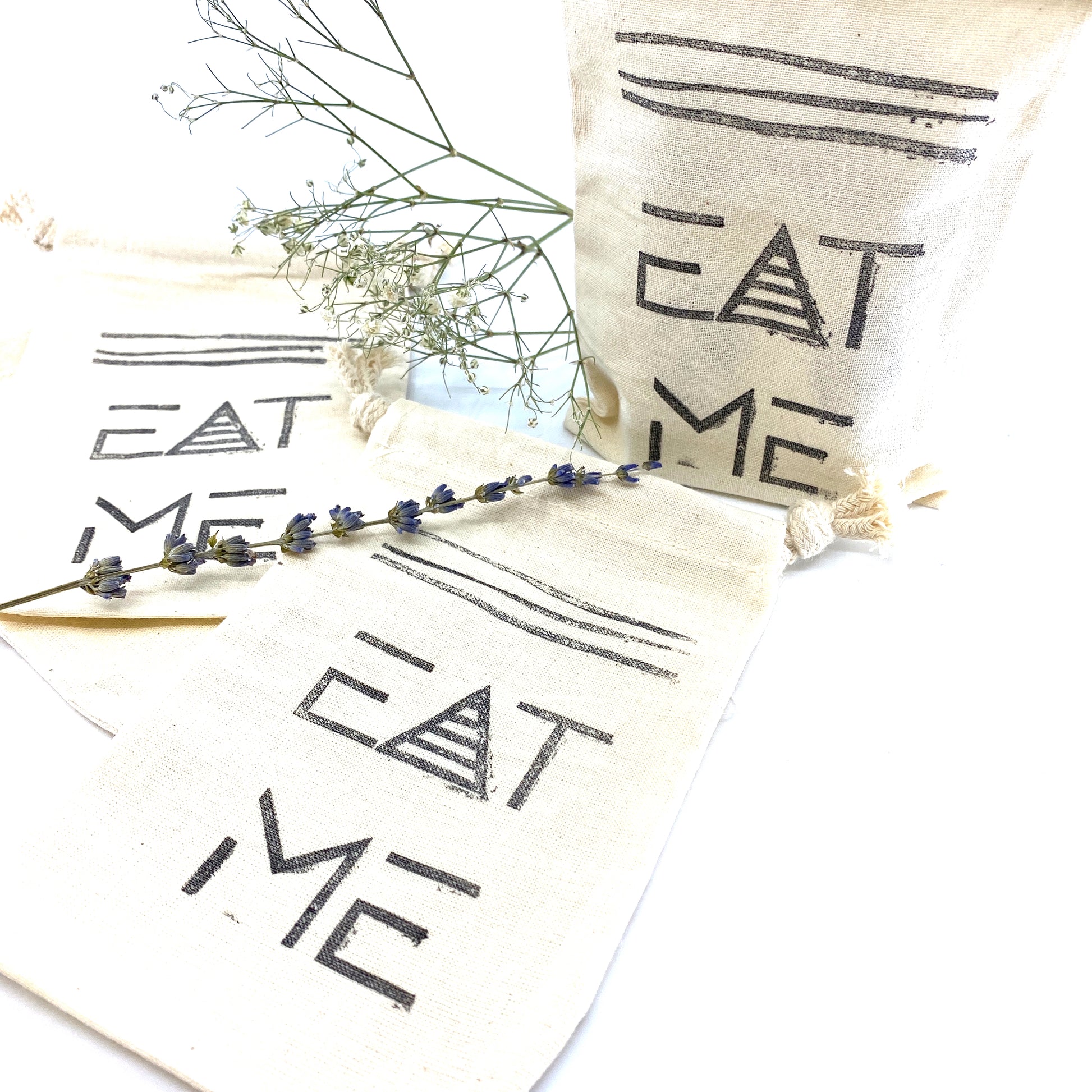 Hand Stamped, Eat Me, Cotton Drawstring Pouches 4" x 6" Sunsum®
