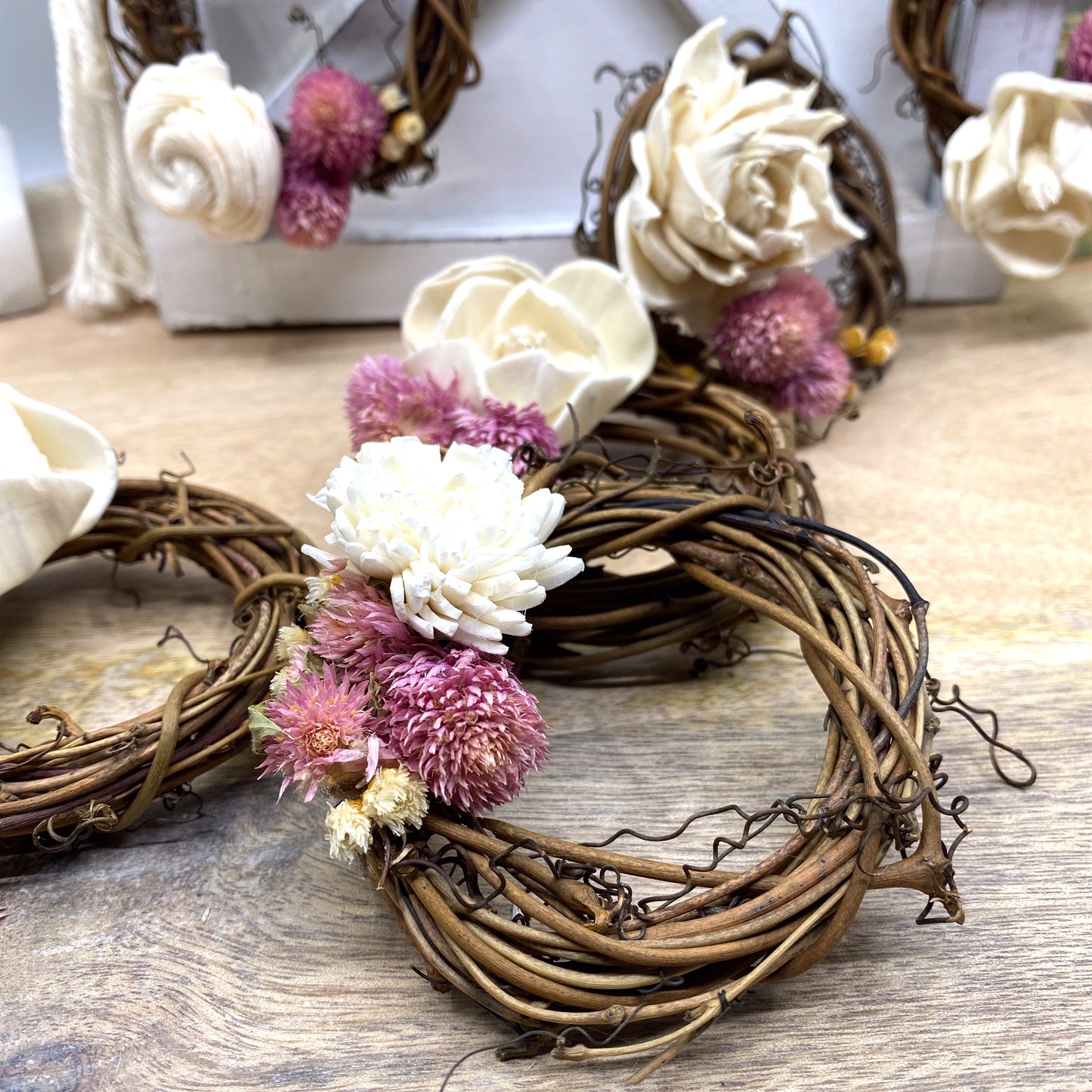 Mini Grapevine Wreath Ornaments with Dried Flowers, 3” Sunsum®