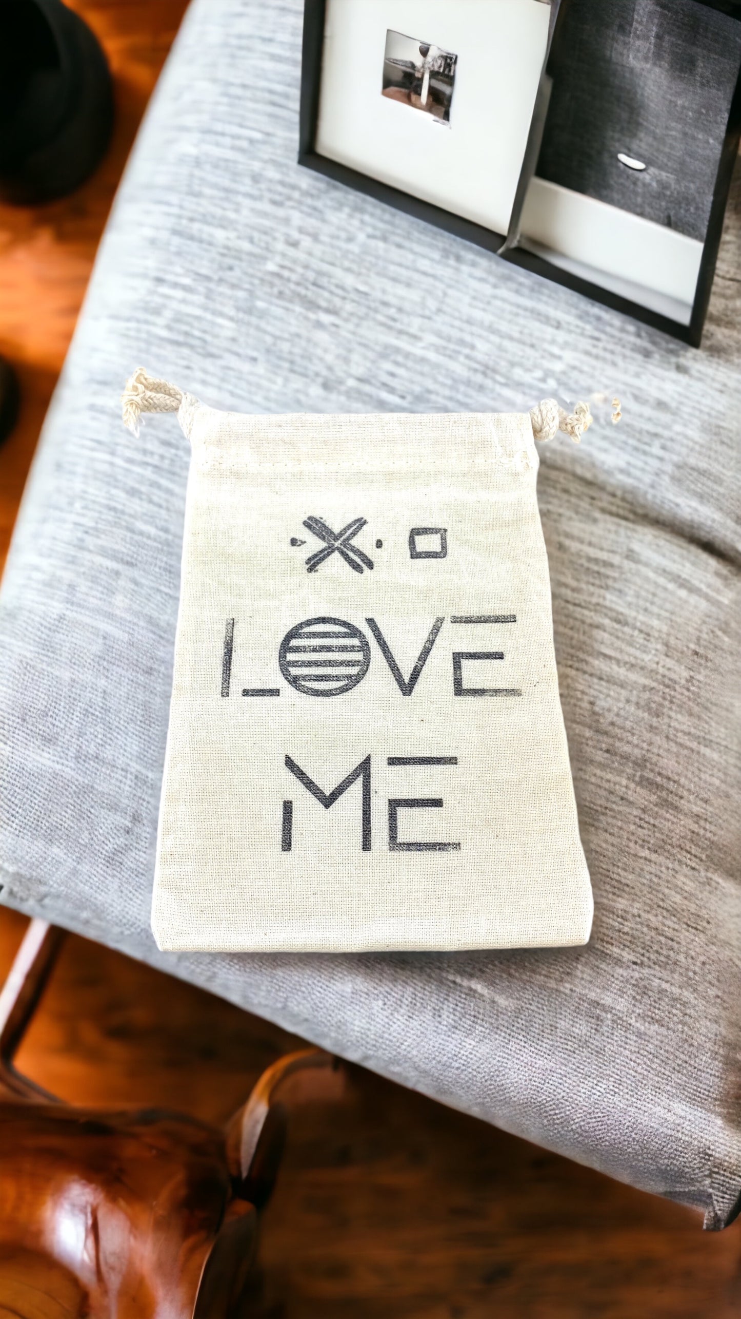 Hand Stamped, Love Me, Cotton Drawstring Pouches 4" x 6"