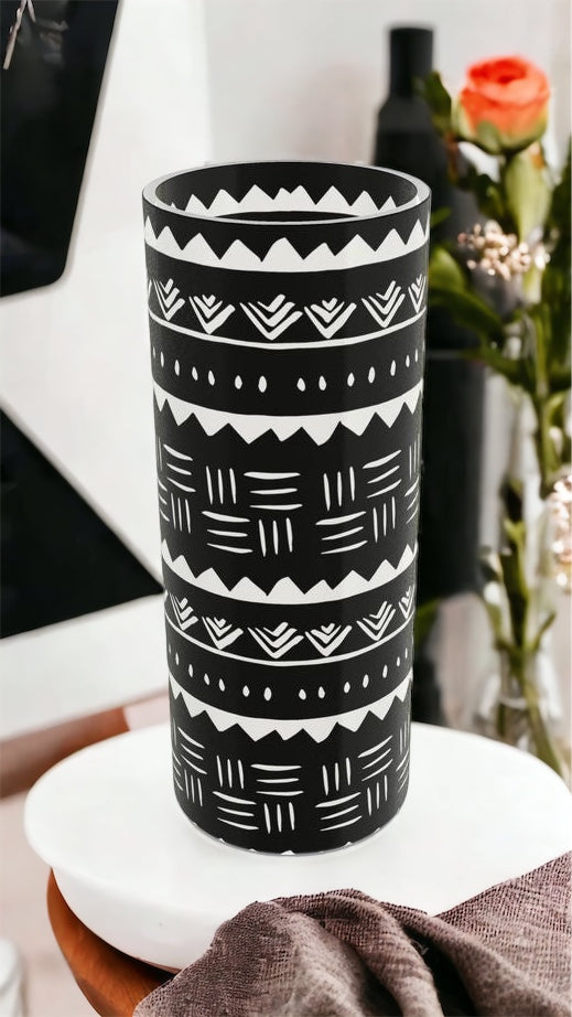 Frosted Black & White Bogolan, Mouth-Blown Glass Vase