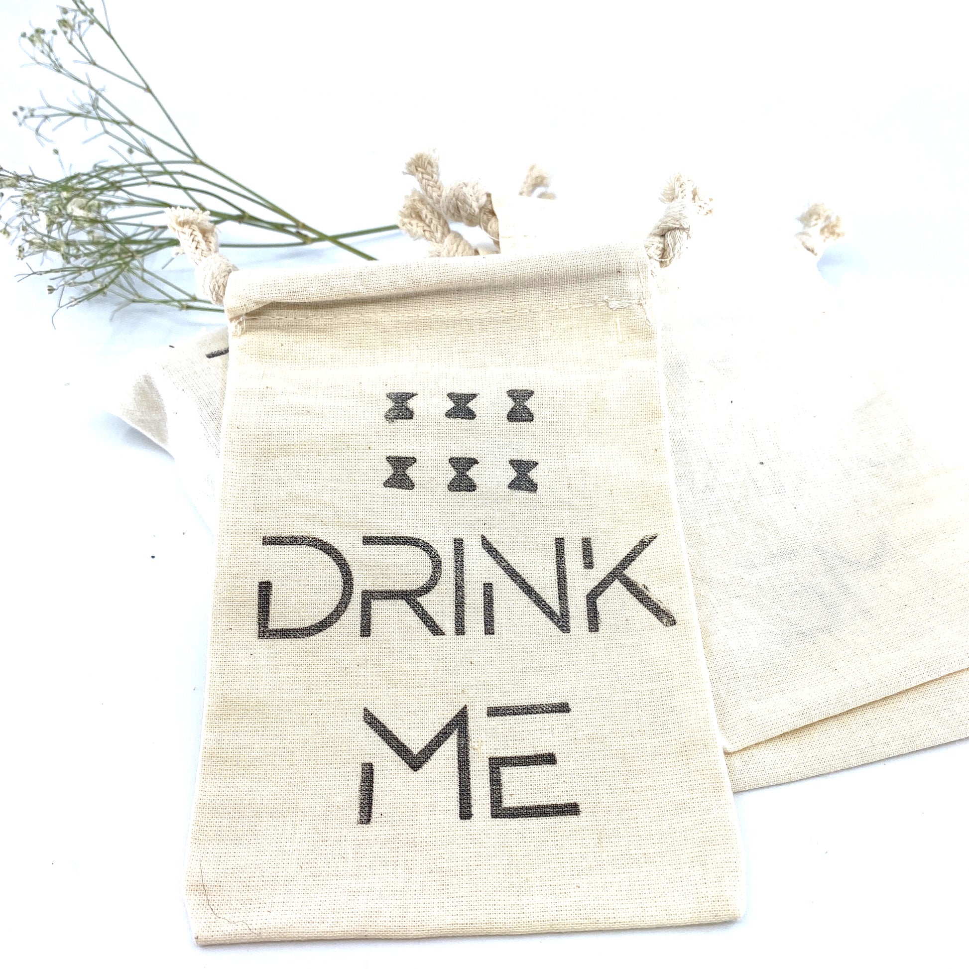 Hand Stamped, Drink Me, Cotton Drawstring Pouches 4" x 6" Sunsum®