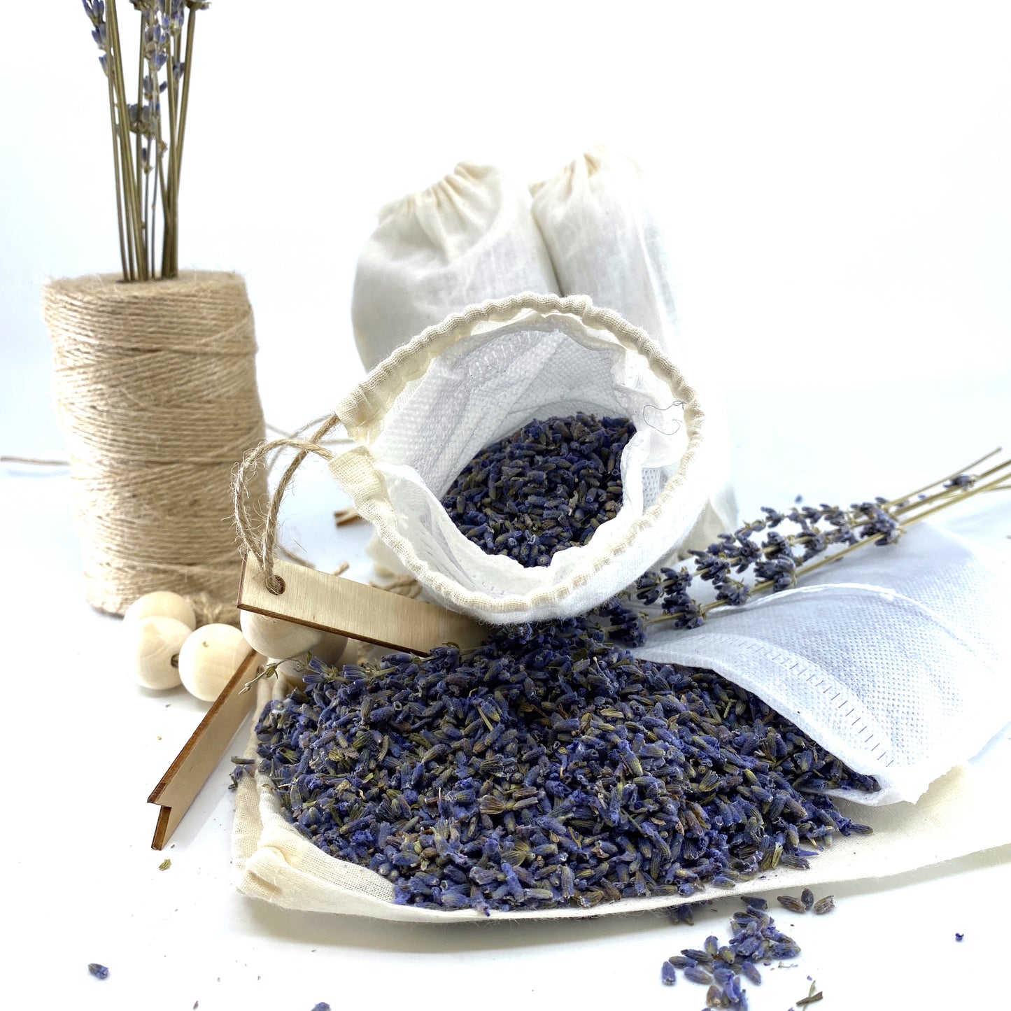 100% Naturally Dried Lavender Flowers, Jute & Wooden Beaded Drawstring Sack, 1/2 oz Sunsum®