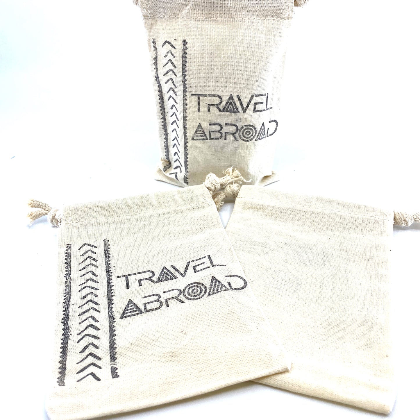 Hand Stamped, Travel Abroad, Cotton Drawstring Pouches 4" x 6" Sunsum®