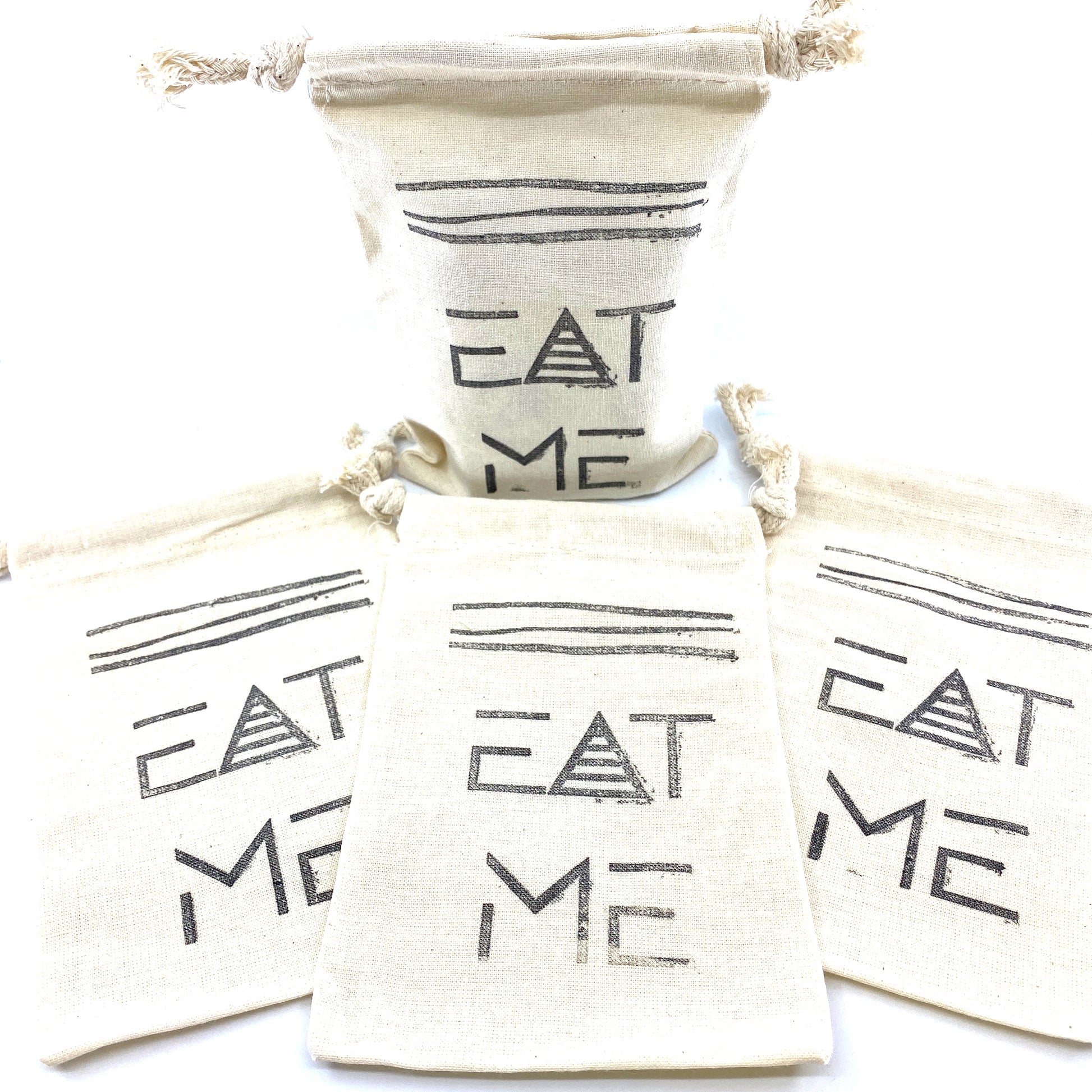 Hand Stamped, Eat Me, Cotton Drawstring Pouches 4" x 6" Sunsum®