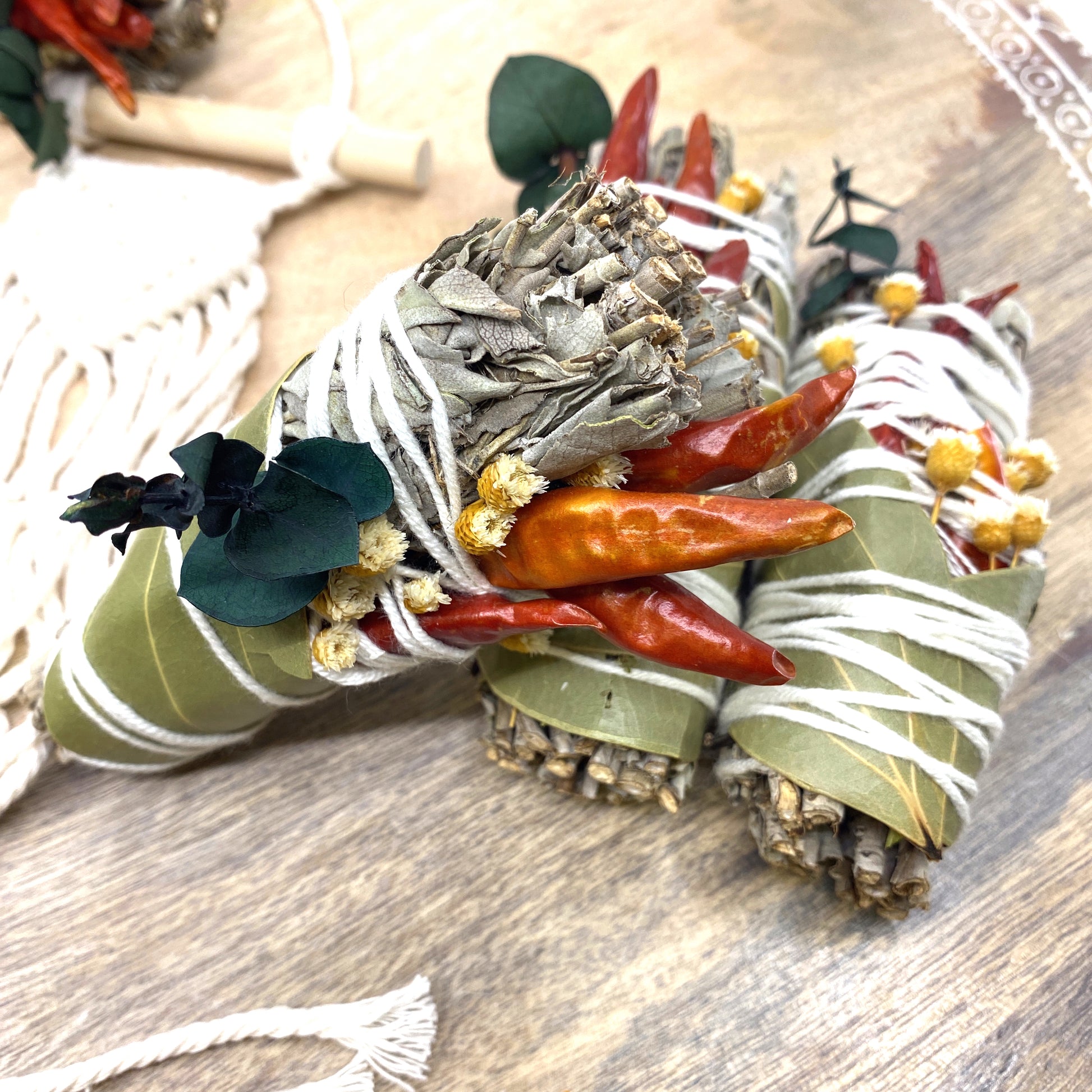 White Sage & Copal Smudge Stick with Red Chili Peppers, Bay Leaves,  4 " Sunsum®