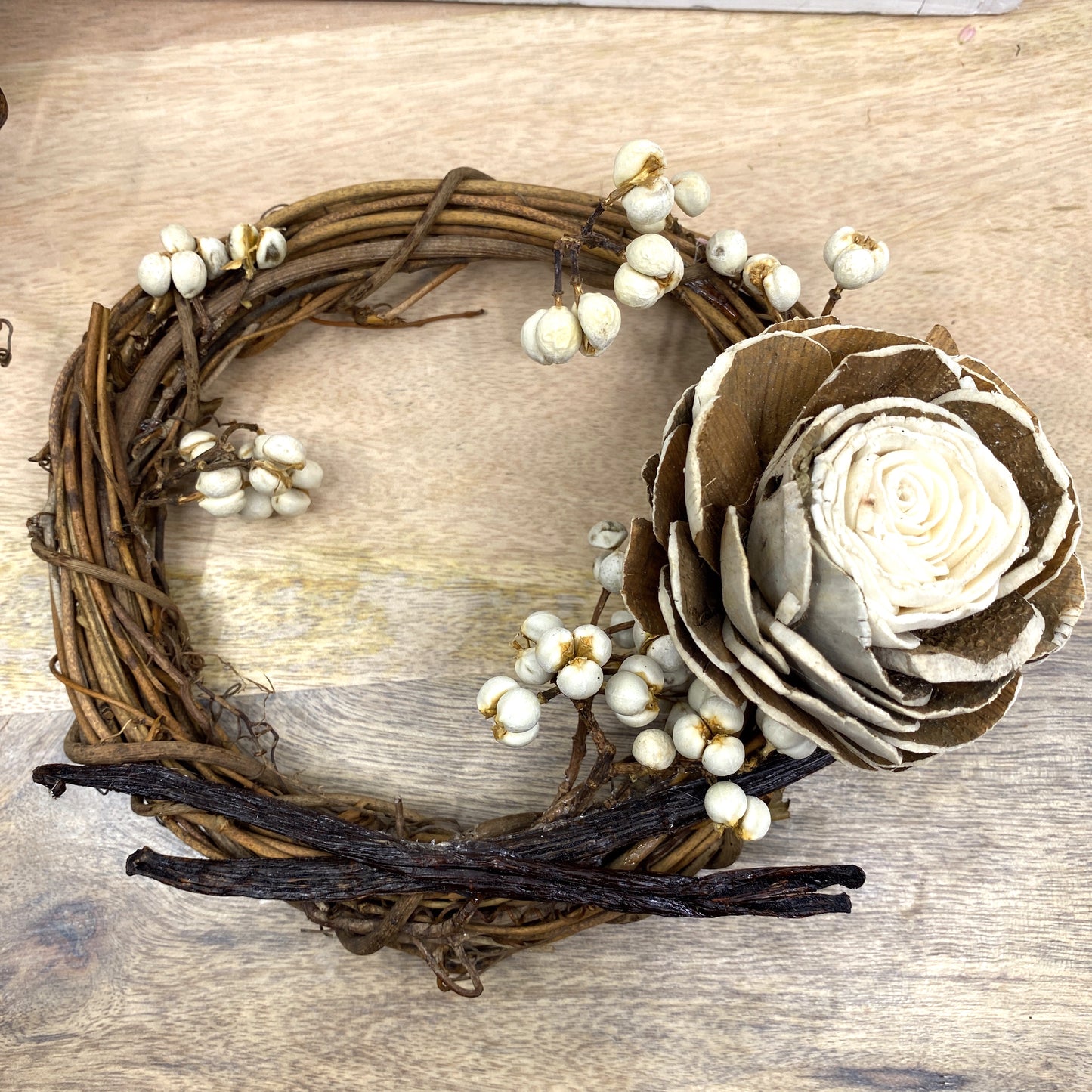 Vanilla Bean, Grapevine Wreath Ornaments with Dried Flowers, 6” Sunsum®