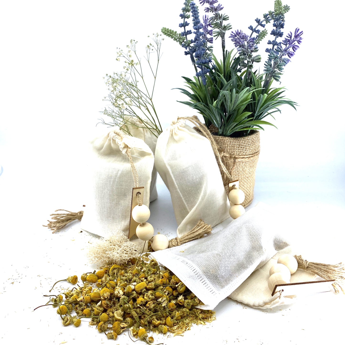 100% Naturally Dried Chamomile Flowers, Jute & Wooden Beaded Drawstring Sack, 1/2 oz Sunsum®