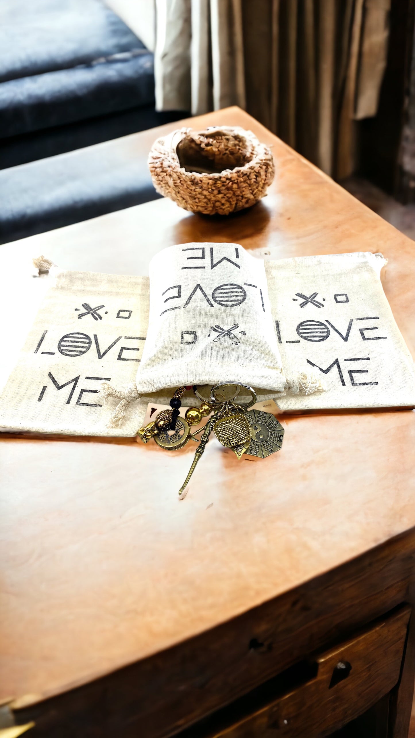 Hand Stamped, Love Me, Cotton Drawstring Pouches 4" x 6"