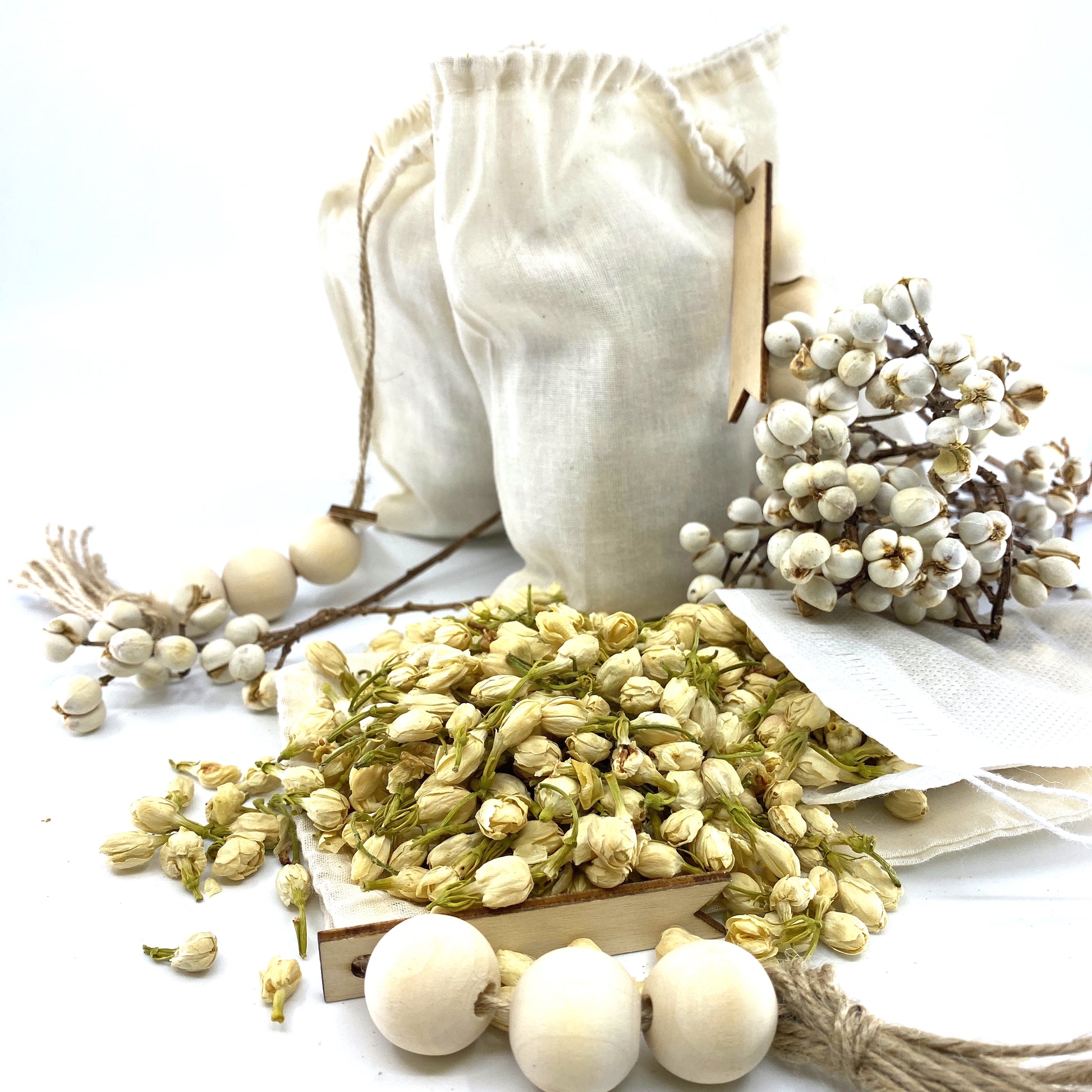 100% Naturally Dried Jasmine Flowers, Jute & Wooden Beaded Drawstring Sack, 1/2 oz Sunsum®
