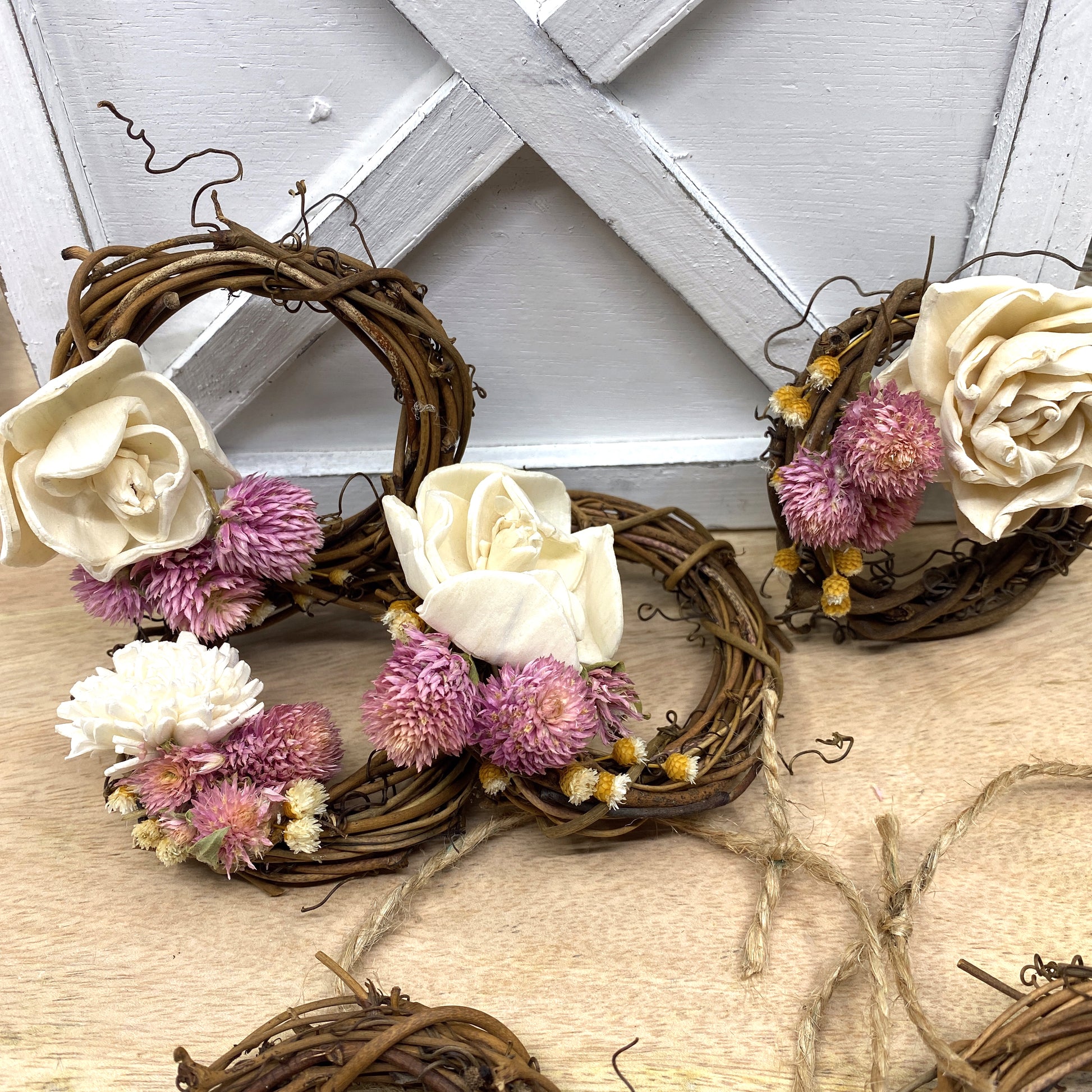 Mini Grapevine Wreath Ornaments with Dried Flowers, 3” Sunsum®