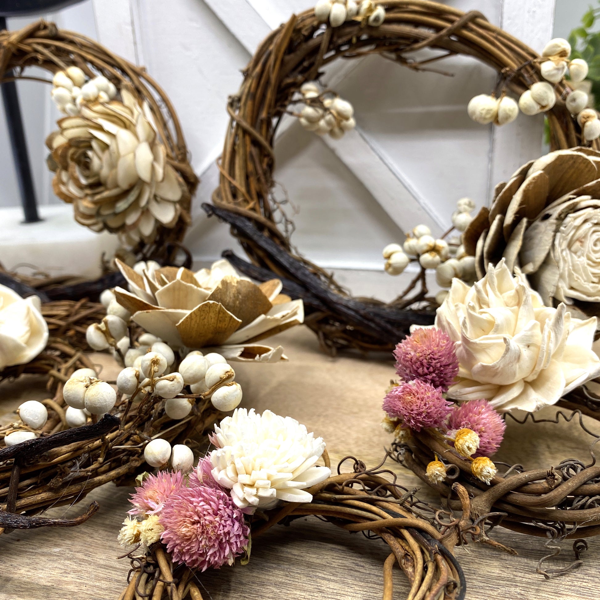 Vanilla Bean, Grapevine Wreath Ornaments with Dried Flowers, 6” Sunsum®